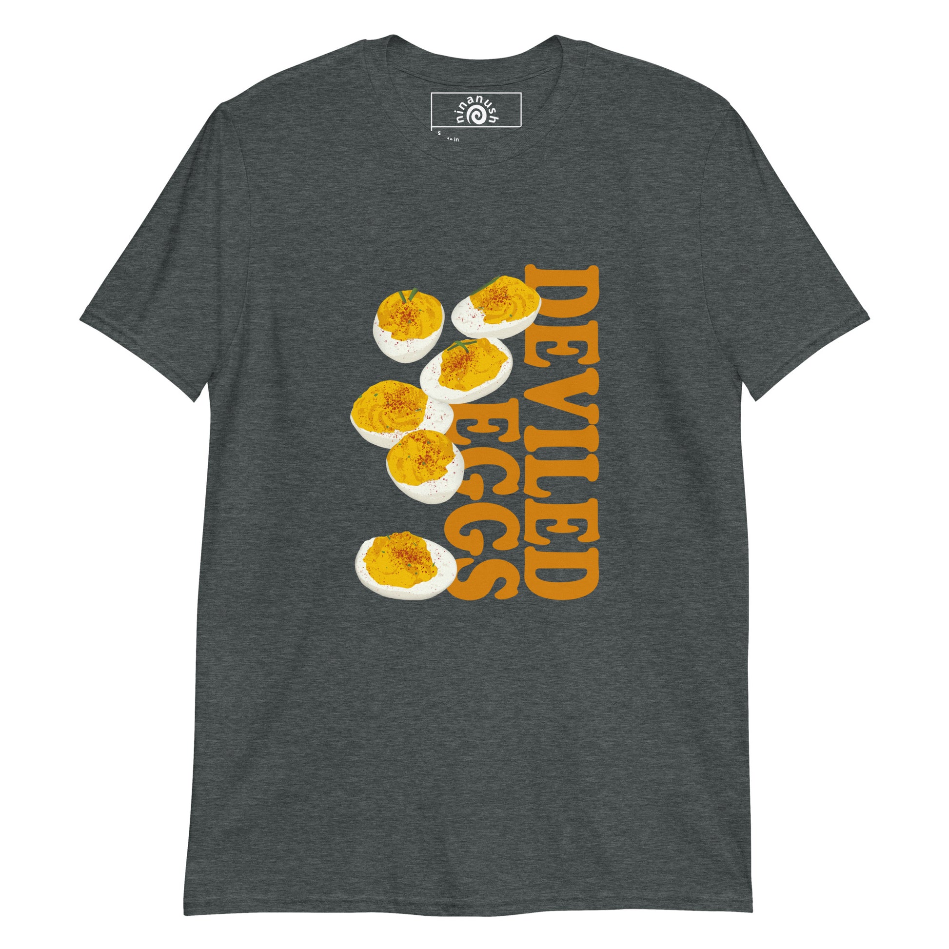 Dark Gray deviled eggs t-shirt from Nina's Funky Shop by ninanush - Love deviled eggs? Looking for a funny gift for a friend? Our colorful Deviled Eggs T-shirt is just what you need. It's an egg lover t-shirt with an original design on the front. Stand out in this weird graphic tee and eat your favorite deviled eggs. It's the perfect funny foodie t-shirt for deviled egg enthusiasts.