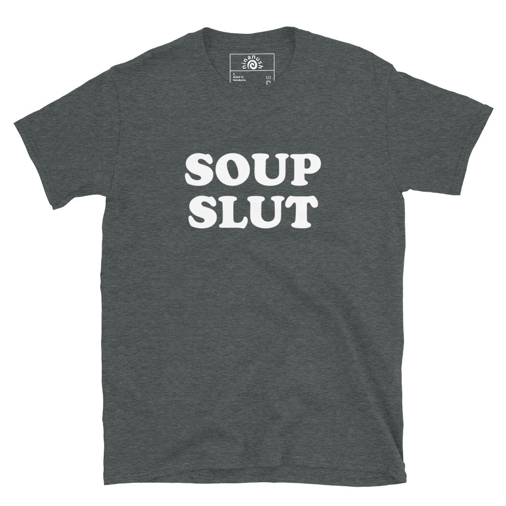 Gray Soup Slut T-shirt from Nina's Funky Shop by ninanush - Do you love soup? Looking for a funny gift for a friend? Our Soup Slut Crewneck T-shirt is soft, comfortable and just what you need. It's a unisex foodie shirt that comes in a variety of colors with "soup slut", expertly printed on the front. A funny foodie tee for soup enthusiasts of all kinds. Celebrate your favorite foods in our funky foodie apparel!