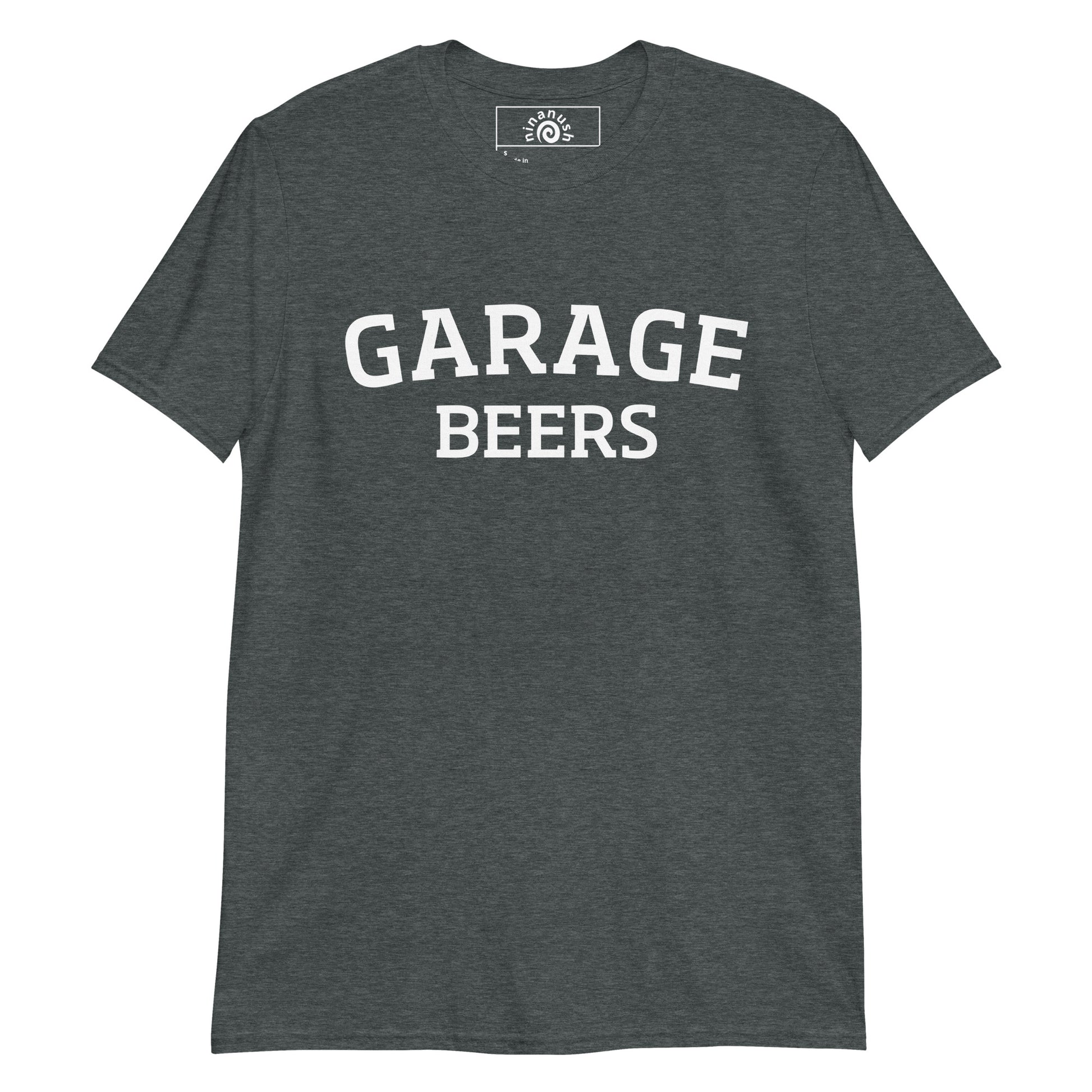 Dark Gray varsity style garage beers t-shirt from Nina's Funky Shop by ninanush - Do you love beer? Looking for a funny gift? Our Garage Beer Crewneck T-shirt is soft, comfortable and just what you need. It's a unisex beer lover university style shirt that comes in a variety of colors with "Garage Beers", expertly printed on the front. A funny beer t-shirt for everyday dad style and foodie streetwear.