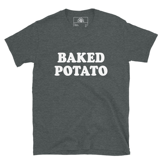 Dark gray Baked Potato T-shirt from Nina's Funky Shop by ninanush - Do you love potatoes? Looking for a funny foodie gift? Our Baked Potato T-shirt is soft, comfortable and just what you need. It's a unisex crewneck t-shirt that comes in a variety of colors with "Baked Potato", expertly printed on the front. A funny foodie t-shirt for baked potato enthusiasts and foodies of all kinds. 