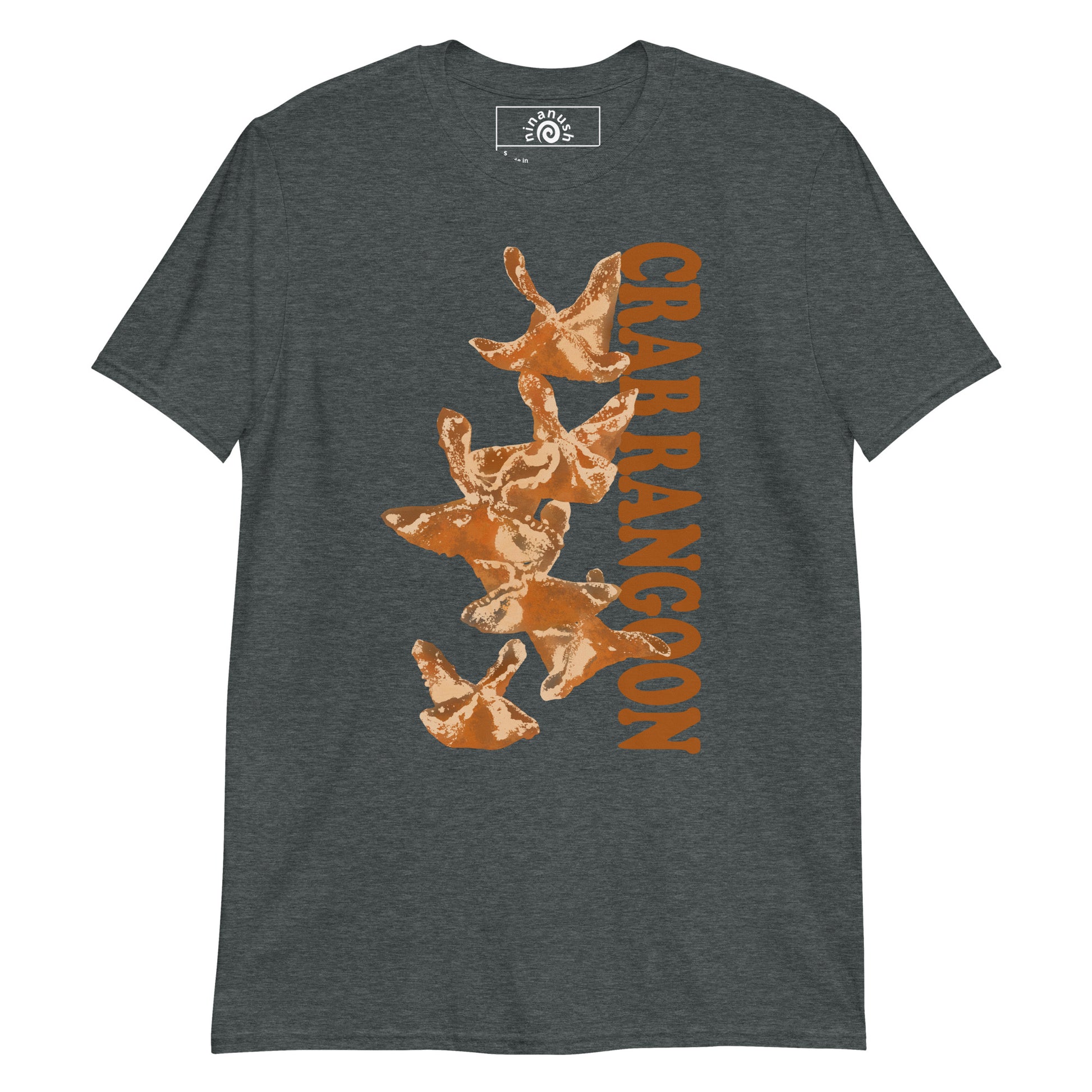 Dark Gray Crab Rangoon T-shirt from Nina's Funky Shop by ninanush - Do you love Crab Rangoon? Looking for a funny foodie gift? Our Crab Rangoon T-shirt is soft, comfortable and just what you need. It's a unisex crewneck t-shirt that comes in a variety of colors with a unique, hand drawn crab Rangoon design, expertly printed on the front. A funny foodie t-shirt for crab Rangoon enthusiasts and foodies of all kinds.