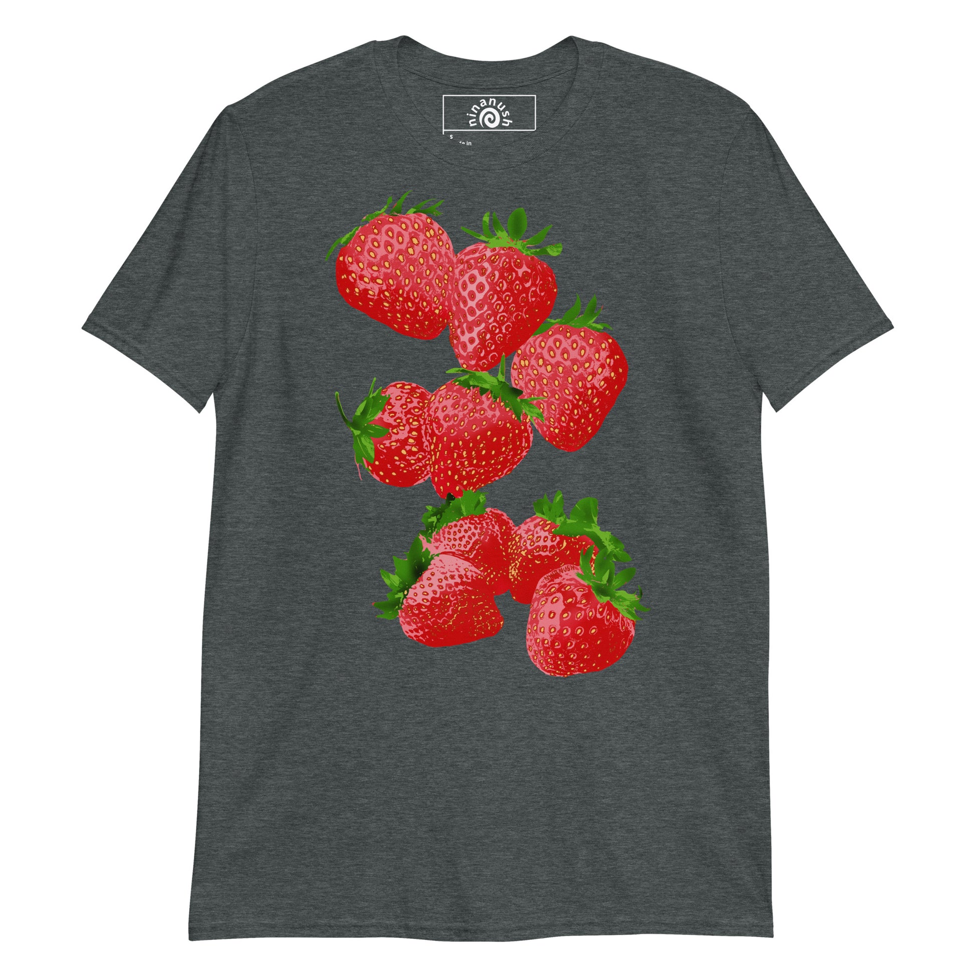 Dark Gray Strawberry T-shirt from Nina's Funky Shop by ninanush - Do you love strawberries? Looking for a fun gift? Our colorful Strawberry T-shirt is just what you need. It's a soft and comfortable graphic tee with a bright, hand drawn strawberry design, expertly printed on the front. Stand out in this strawberry lover t-shirt. It's a funky foodie shirt for strawberry enthusiasts.