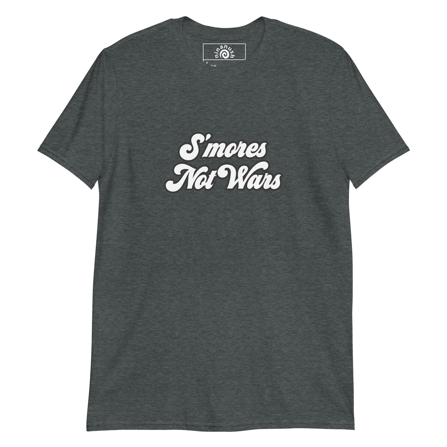 Dark Gray S'mores Not Wars T-shirt from Nina's Funky Shop by ninanush - Do you love s'mores? Looking for a funny gift for a foodie? Our S'mores Not Wars T-shirt is soft, comfortable and just what you need. It's a unisex t-shirt that comes in a variety of colors with "S'mores Not Wars", expertly printed on the front. A funny t-shirt for S'mores enthusiasts, foodies and a funny anti war tee for everyday.