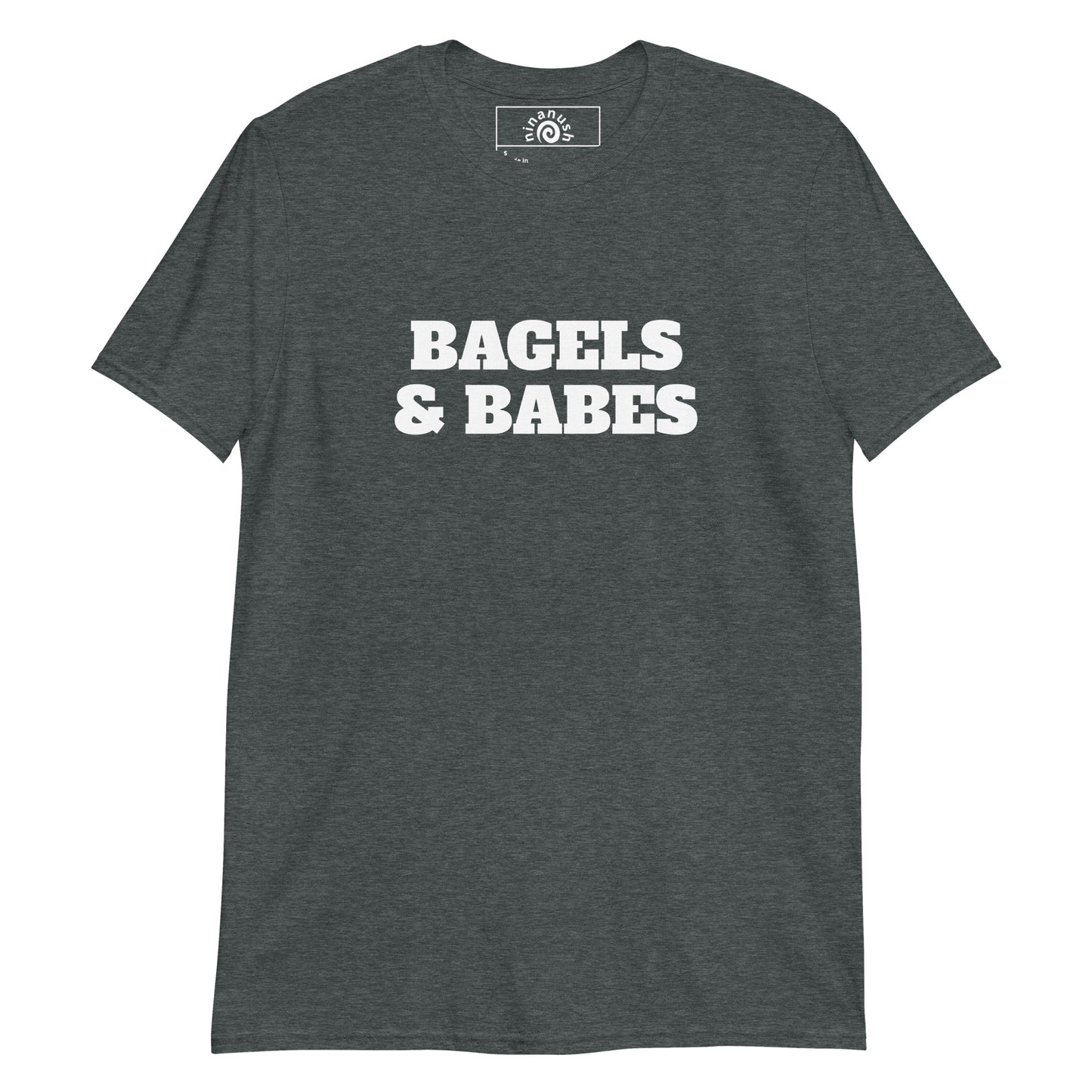 Dark Gray Bagel and Babes T-shirt from Nina's Funky Shop by ninanush - Love bagels? Looking for a funny gift for a foodie? Our Bagels And Babes T-shirt is soft, comfortable and just what you need. It's a unisex crewneck t-shirt that comes in a variety of colors with "Bagels And Babes", expertly printed on the front. Eat bagels in this funny bagel lover t-shirt, designed by Nina and made just for you! 