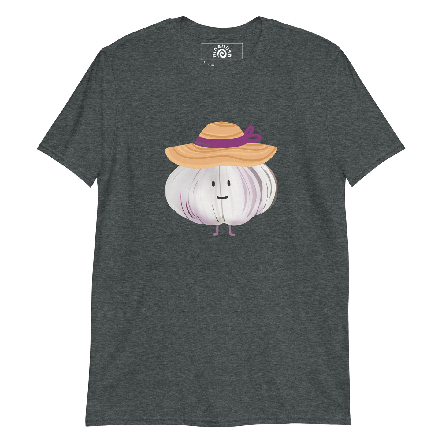 Dark Gray T-shirt with A happy head of garlic wearing a sunhat from Nina's Funky Shop by ninanush - Do you love garlic? Looking for a weird graphic tee for your favorite foodie? Our Unique Garlic Design T-shirt is just what you need. It's a t-shirt with a hand drawn design of a happy garlic wearing a sunhat. Stand out in this garlic lover t-shirt. It's a funky gift for garlic enthusiasts and a quirky tee for everyday.