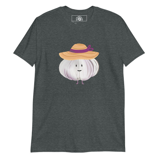 Dark Gray T-shirt with A happy head of garlic wearing a sunhat from Nina's Funky Shop by ninanush - Do you love garlic? Looking for a weird graphic tee for your favorite foodie? Our Unique Garlic Design T-shirt is just what you need. It's a t-shirt with a hand drawn design of a happy garlic wearing a sunhat. Stand out in this garlic lover t-shirt. It's a funky gift for garlic enthusiasts and a quirky tee for everyday.