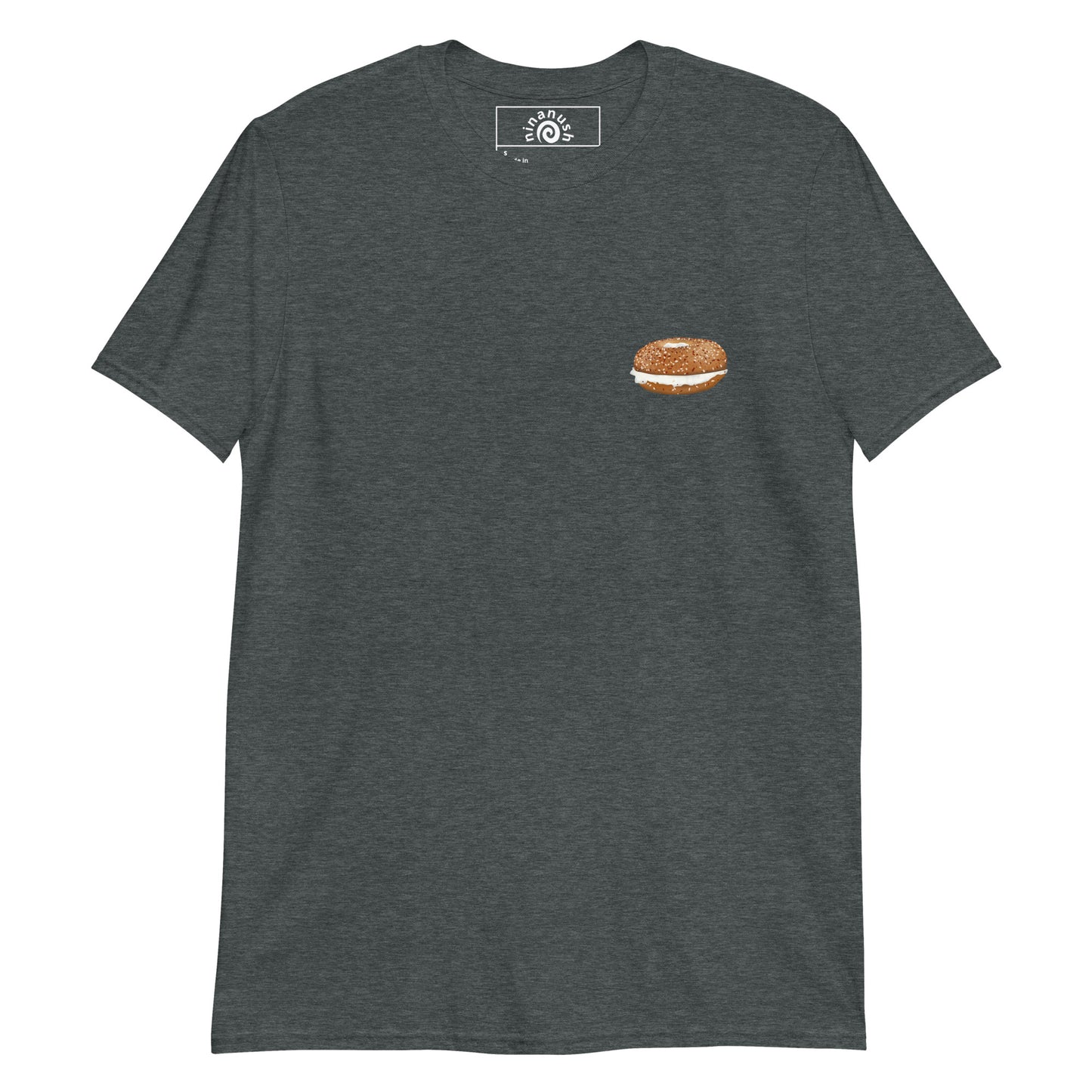 Dark Gray Everything Bagels T-shirt from Nina's Funky Shop - Do you love bagels? Looking for a funny gift for a bagel enthusiast? This everything bagel t-shirt is just what you need. It's a cotton tee with an everything bagel, on the front and "I like bagels I eat bagels I am bagels" on the back. Eat your favorite bagels in this unique and funny t-shirt for bagel lovers.