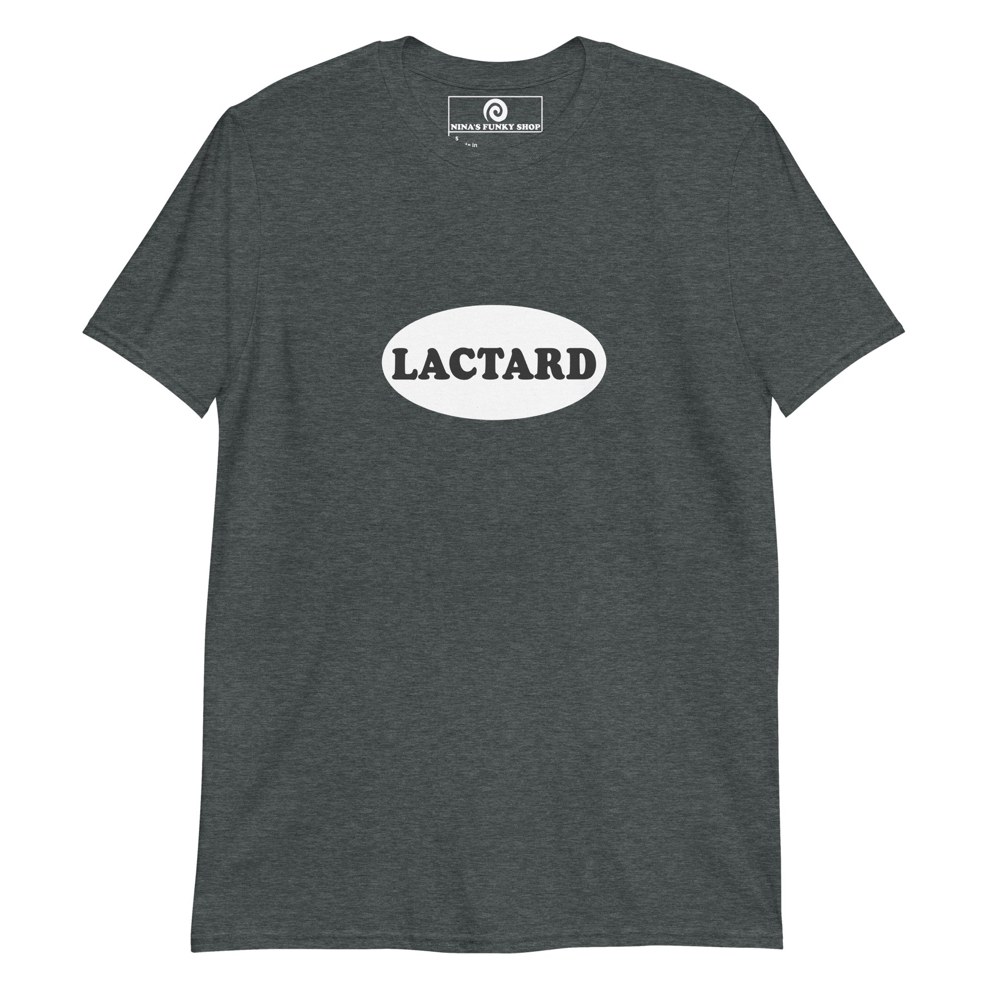 Dark Gray Lactard T-shirt - Cant handle dairy? Looking for a funny gift for a lactose intolerant friend? Our Lactard T-shirt is just what you need. It's a soft and comfortable t-shirt with a black and white design, expertly printed on the front. Celebrate your favorite foods in our funky foodie clothing, designed by Nina and made just for you.