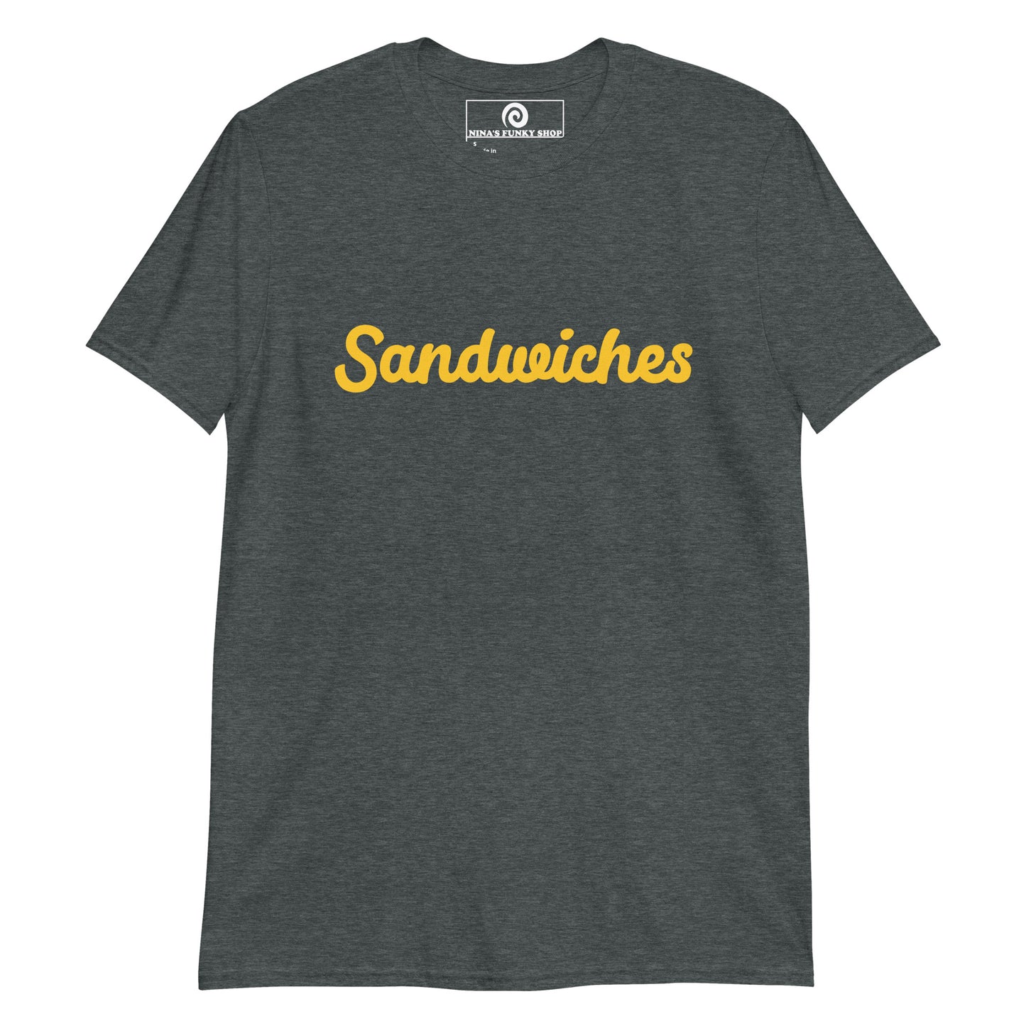 Dark Gray Sandwiches T-shirt -Love sandwiches? Looking for a funny gift for sandwich lover? Our customizable Sandwich T-shirt is just what you need. It's a soft and comfortable cotton shirt with a funny foodie design, expertly printed on the front. Celebrate your favorite foods in our funky foodie clothing, designed by Nina and made just for you.