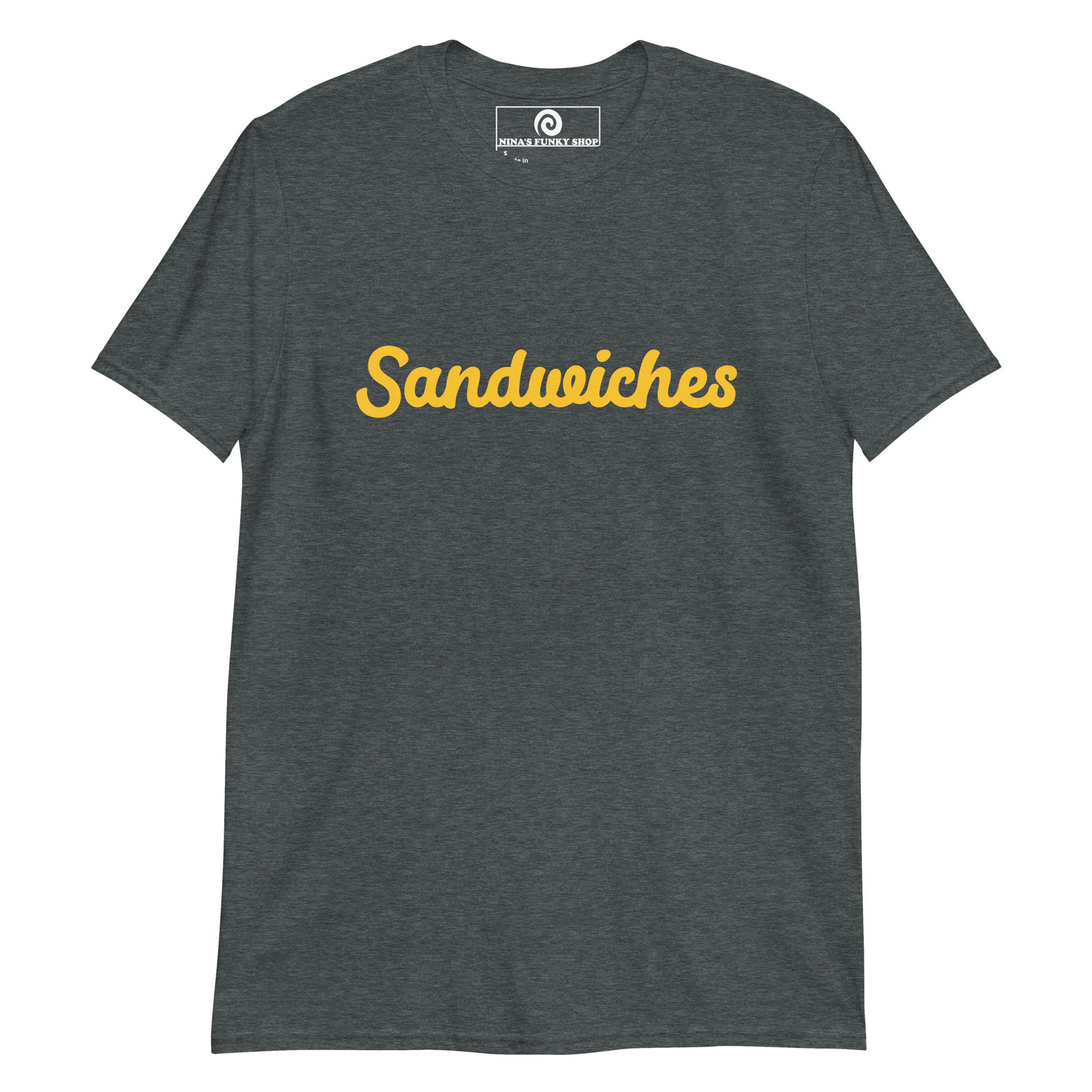 Dark Gray Sandwiches T-shirt -Love sandwiches? Looking for a funny gift for sandwich lover? Our customizable Sandwich T-shirt is just what you need. It's a soft and comfortable cotton shirt with a funny foodie design, expertly printed on the front. Celebrate your favorite foods in our funky foodie clothing, designed by Nina and made just for you.