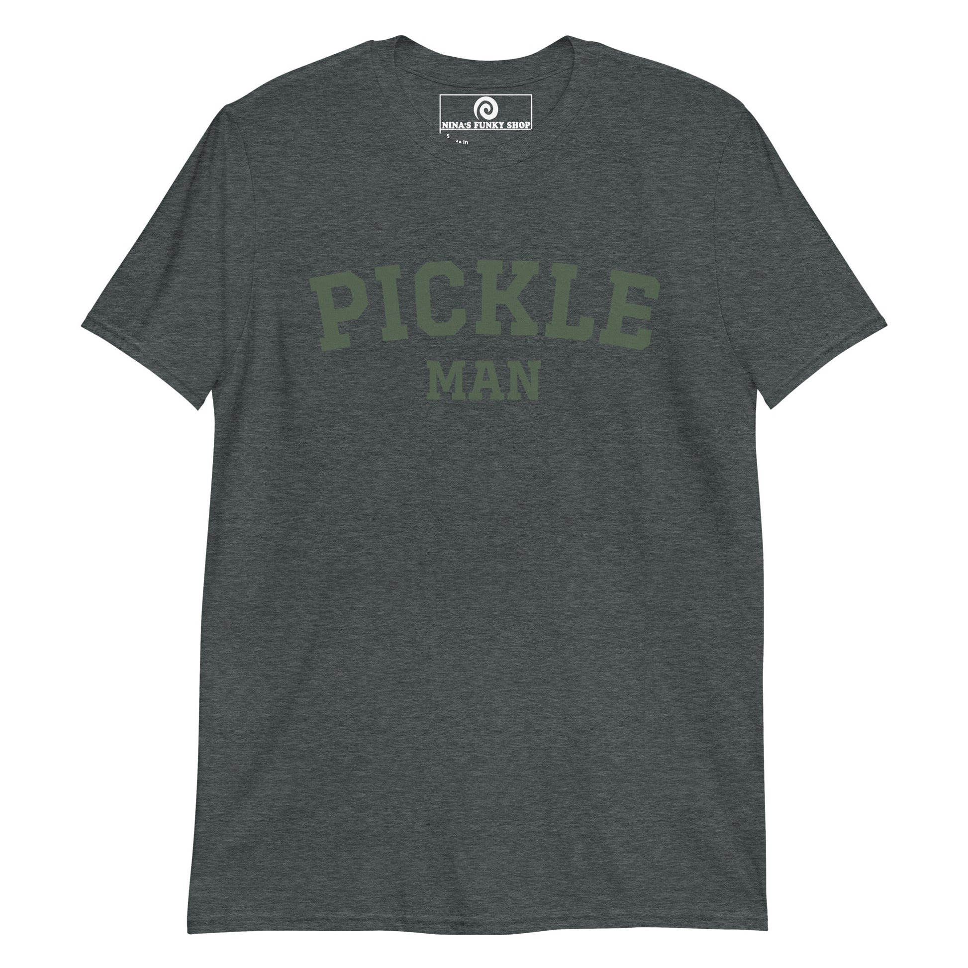 Dark Gray College T-shirt for pickle lovers - Crazy for pickles? Looking for a funny gift for the pickle friend? Our Pickle Man T-shirt is just what you need. It's a soft and comfortable shirt with "Pickle Man", expertly printed on the front. It's the perfect varsity tee for pickle lovers and foodies of all kinds. Celebrate your favorite foods in our funky foodie clothing, designed by Nina and made just for you.