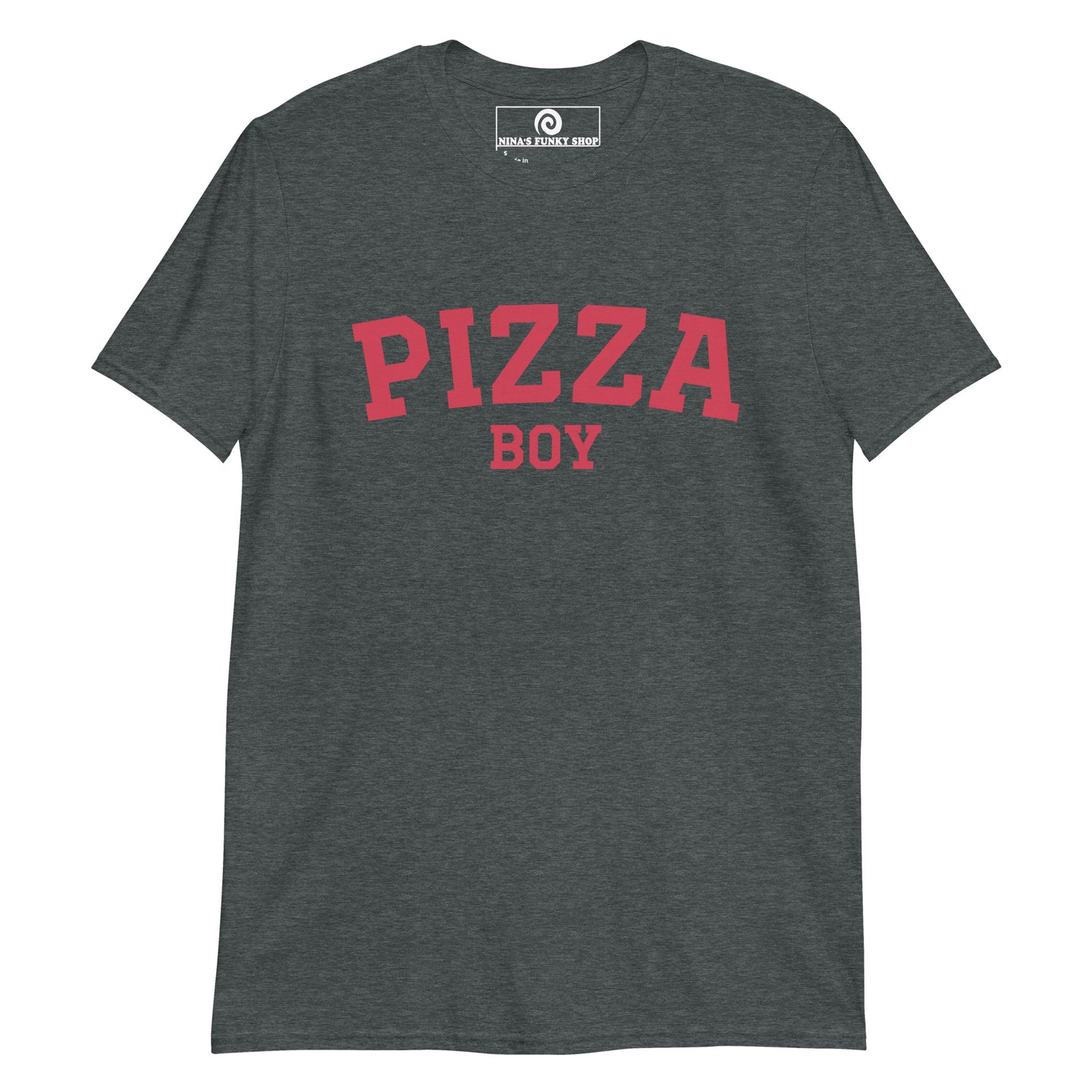 Dark Gray Pizza Boy T-shirt - Crazy for pizza? Looking for a funny gift for a foodie? Our Pizza Boy T-shirt is just what you need. It's a soft and comfortable shirt with "Pizza Boy", expertly printed on the front. A varsity tee for pizza enthusiasts and foodies of all kinds. Celebrate your favorite foods in our funky foodie clothing, designed by Nina and made just for you.