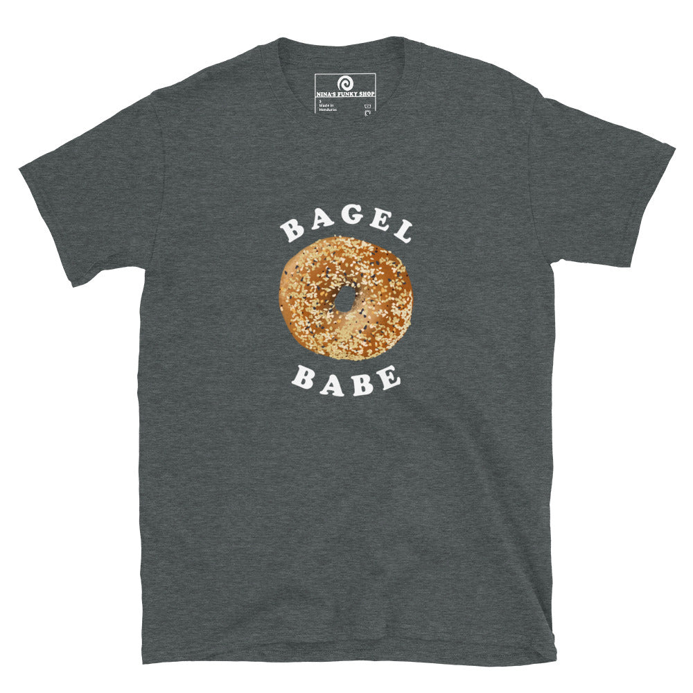 Dark Gray bagel babe t-shirt - Love bagels? Looking for a gift for a bagel enthusiast? This t-shirt is soft, comfortable and comes in a variety of colors with an everything bagel design, expertly printed on the front. Eat your favorite bagels in style or give this funny food t-shirt as a gift for a bagel lover. The perfect graphic tee for foodies and beyond.