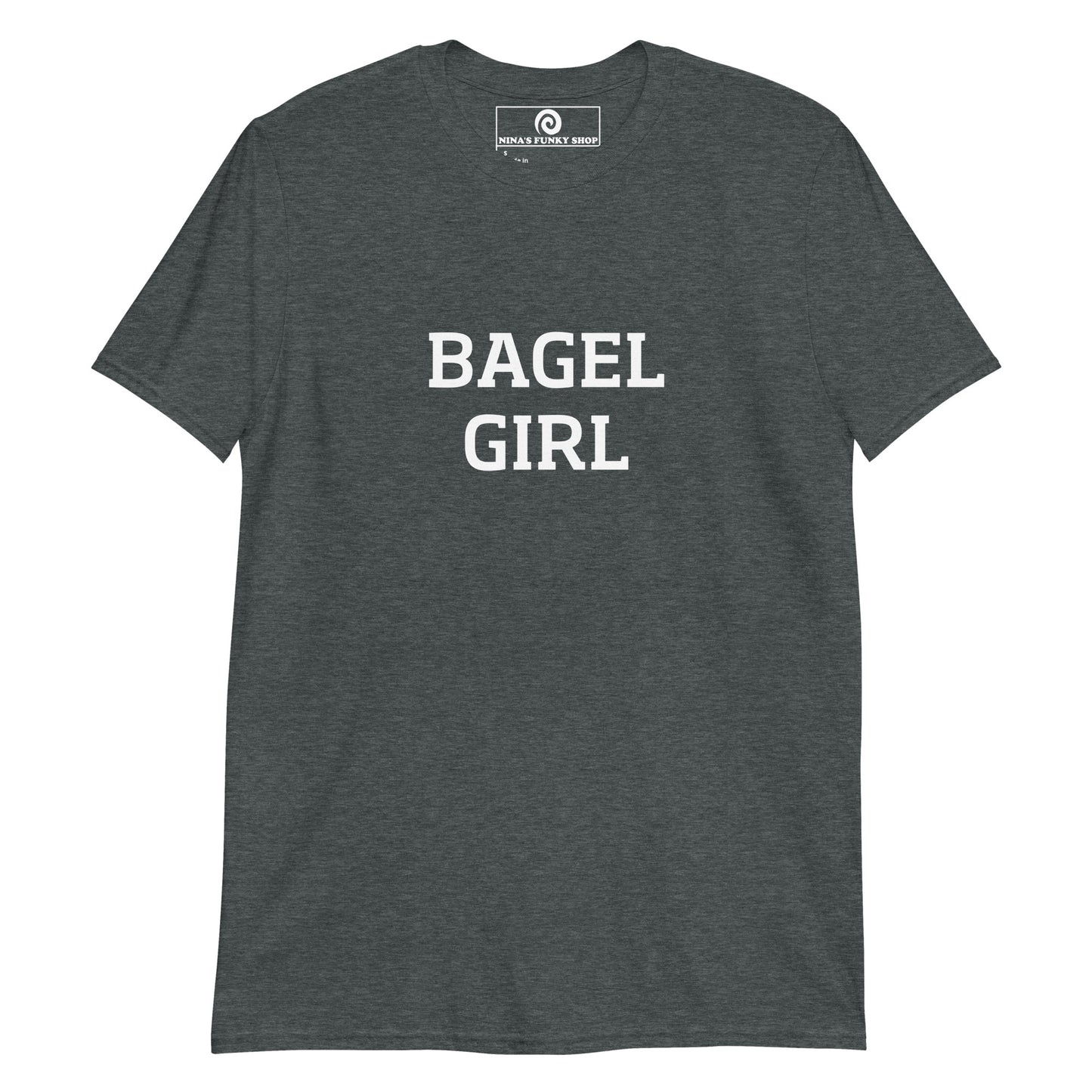 Dark Gray Bagel Girl T-shirt -Love bagels? Looking for a funny gift for a bagel girl? This bold bagel t-shirt is just what you need. It's soft and comfortable with a funny bagel design, expertly printed on the front. The perfect shirt for bagel lovers and foodies of all kinds. Designed by Nina and made just for you.