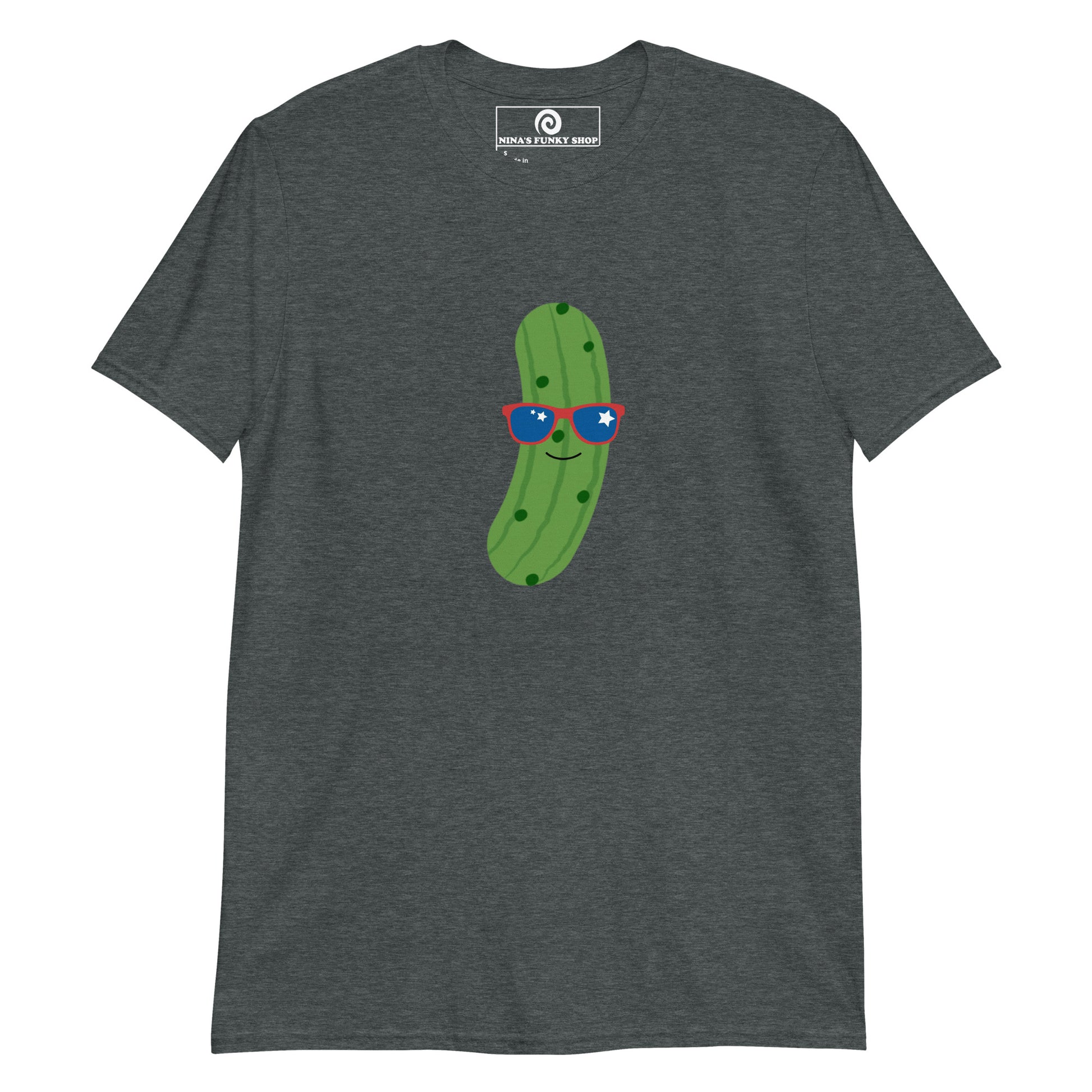 Dark Gray USA Pickle T-Shirt - Our Patriotic Pickle T-shirt is soft, comfortable and comes in a variety of colors with a funny pickle design wearing red white and blue sunglasses. The perfect graphic tee for pickle lovers and foodies of all kinds. Stand out in our sarcastic graphic tees and funny foodie apparel. Designed by Nina and made just for you!