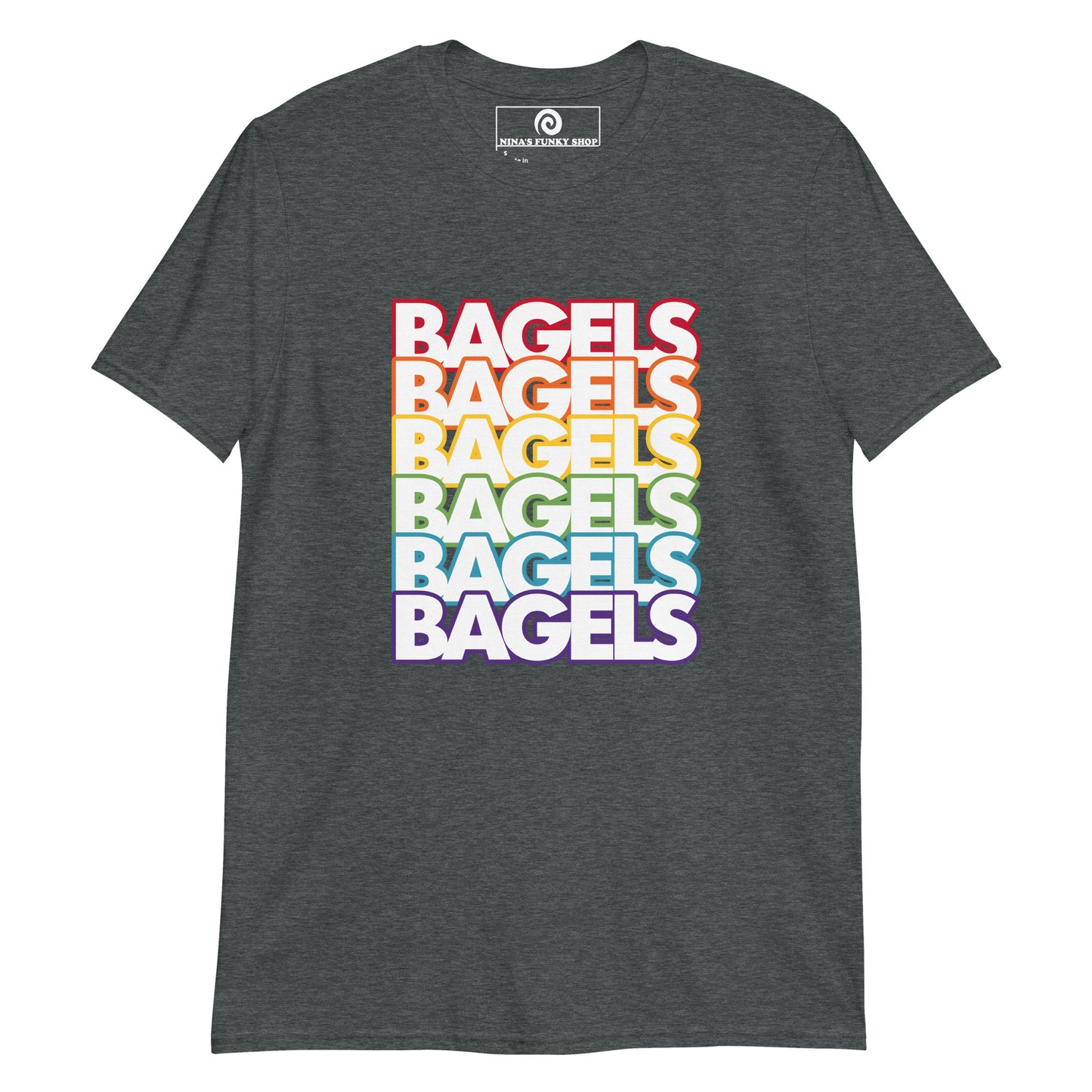 Dark Gray Rainbow Bagels T-Shirt - Love bagels? This Rainbow Bagel T-Shirt is soft, comfortable and perfect for everyday streetwear. It's a classic cotton T-Shirt with bright pride colors for bagel enthusiasts and foodies of all kinds. Stand out in our colorful graphic tees and funny foodie apparel.