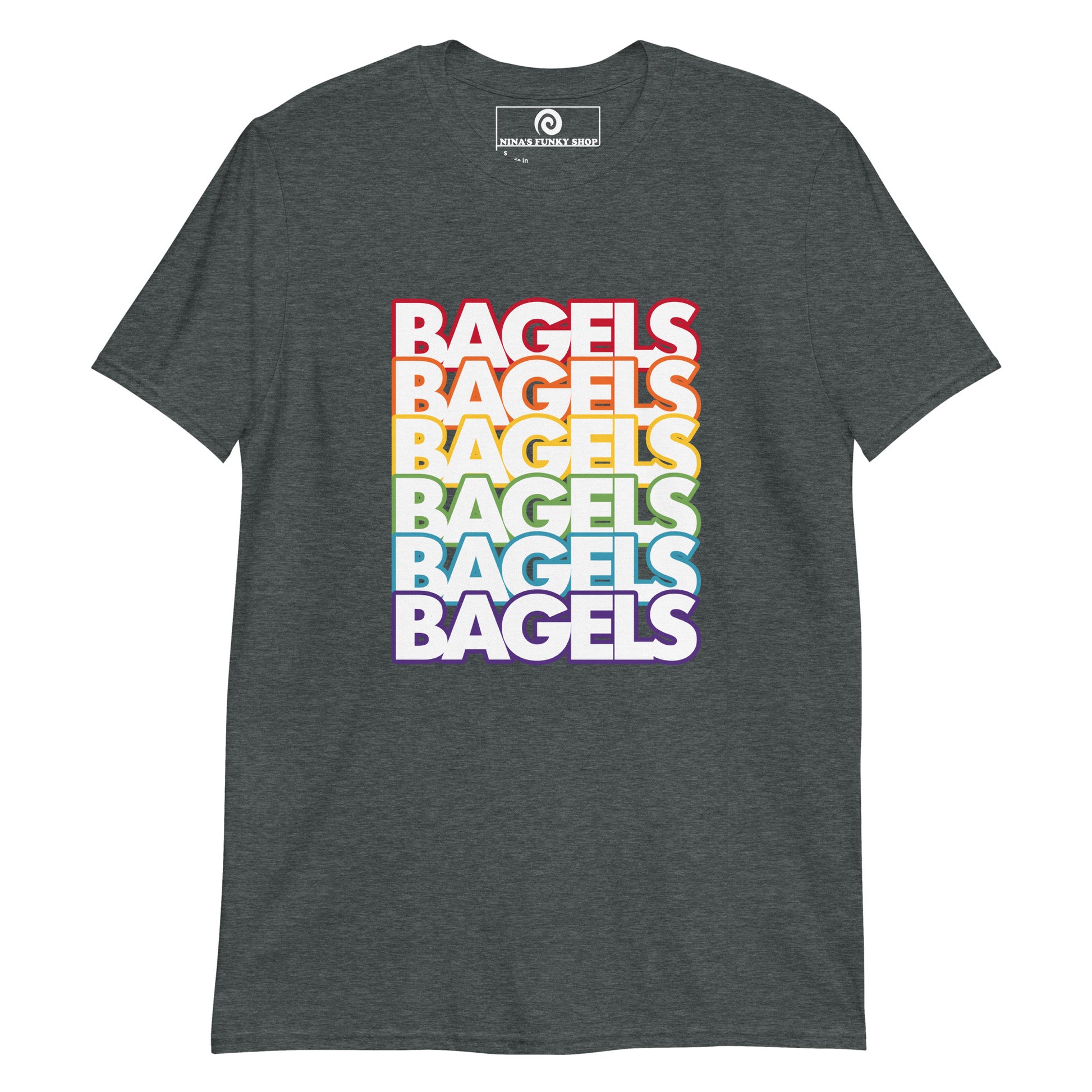 Dark Gray Rainbow Bagels T-Shirt - Love bagels? This Rainbow Bagel T-Shirt is soft, comfortable and perfect for everyday streetwear. It's a classic cotton T-Shirt with bright pride colors for bagel enthusiasts and foodies of all kinds. Stand out in our colorful graphic tees and funny foodie apparel.