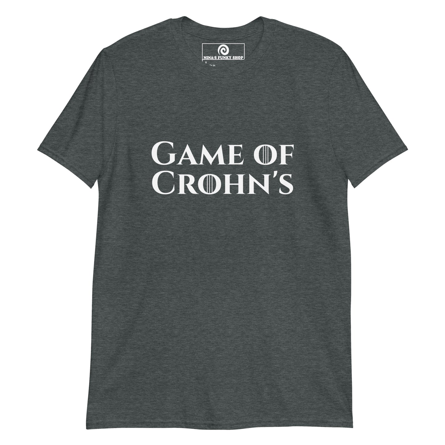 Dark Gray Game Of Crohn's Shirt - Our Game Of Crohn's T-Shirt is soft and comfortable with a funny Crohn's design. A sarcastic shirt for those with IBD and a sense of humor. Wear this cotton tee as everyday streetwear or a give it a gift for a friend with Crohn's. Looking for something personalized? Shoot us an email!