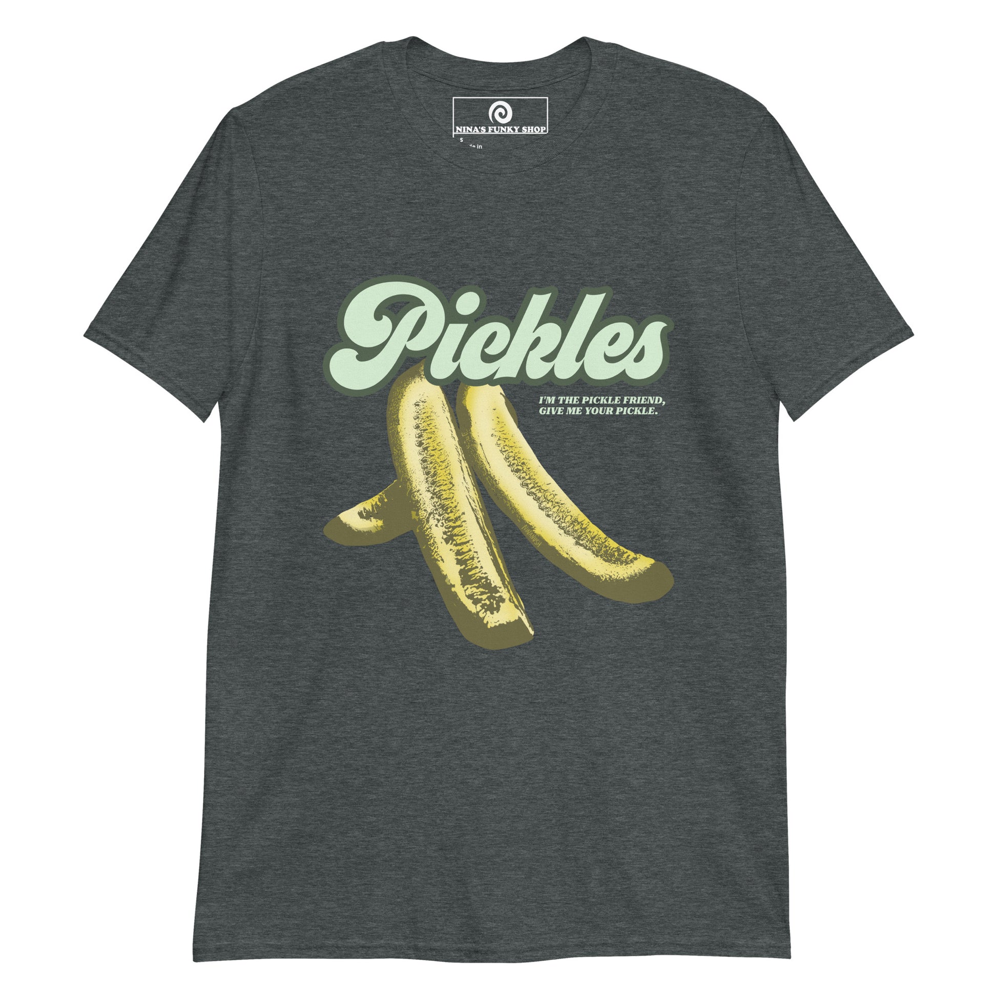 Dark Gray Pickle Shirt with Green Pickle Design - I'm the pickle friend, give me your pickle - Eat pickles in style with this quirky t-shirt for pickle enthusiasts and foodies. It's a classic cotton t-shirt with a funny quote about pickles printed on the front in pickle green. If you're a passionate pickle aficionado, this funny foodie shirt is just what you need.