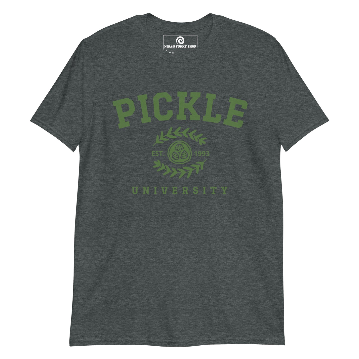 Dark Gray Pickles T-Shirt - Love pickles? Looking for a funny gift for a pickle lover? Our Pickle University T-Shirt is soft, comfortable and made just for you. It's a funny pickle shirt that's perfect for pickle enthusiasts, foodies and beyond.