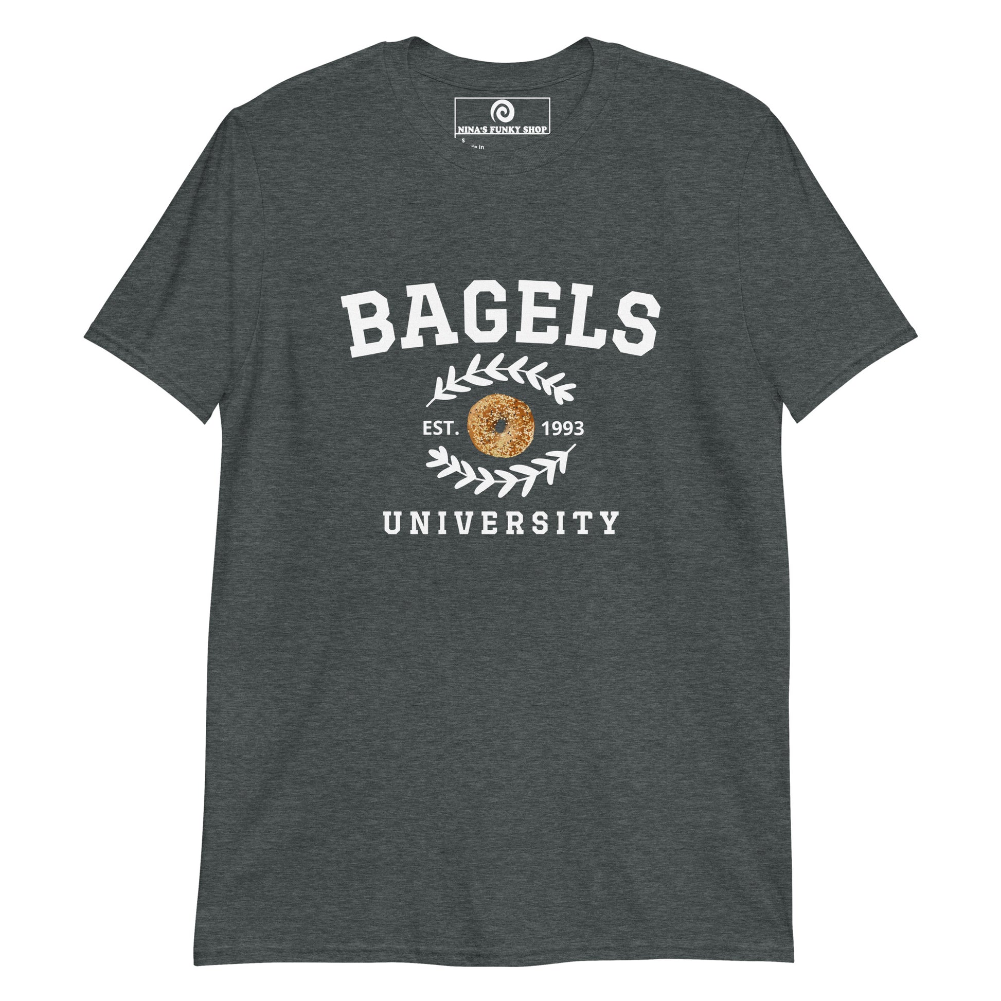 Dark Gray Bagel University T-Shirt - Are you a bagel enthusiast? Looking for a gift for a bagel lover? Our Bagel University T-Shirt is soft, comfortable and just what you need. It's a funny bagel t-shirt that's perfect for bagel lovers and foodies of all kinds.