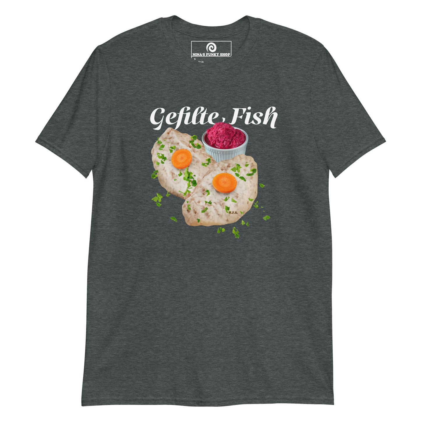 Dark Gray Gefilte Fish T-Shirt - Our Gefilte Fish T-Shirt is soft, comfortable, and made just for you. It's a classic cotton graphic tee with gefilte fish, expertly printed on the front. A funny food t-shirt for Jews, foodies and Gefilte fish lovers and haters alike.

