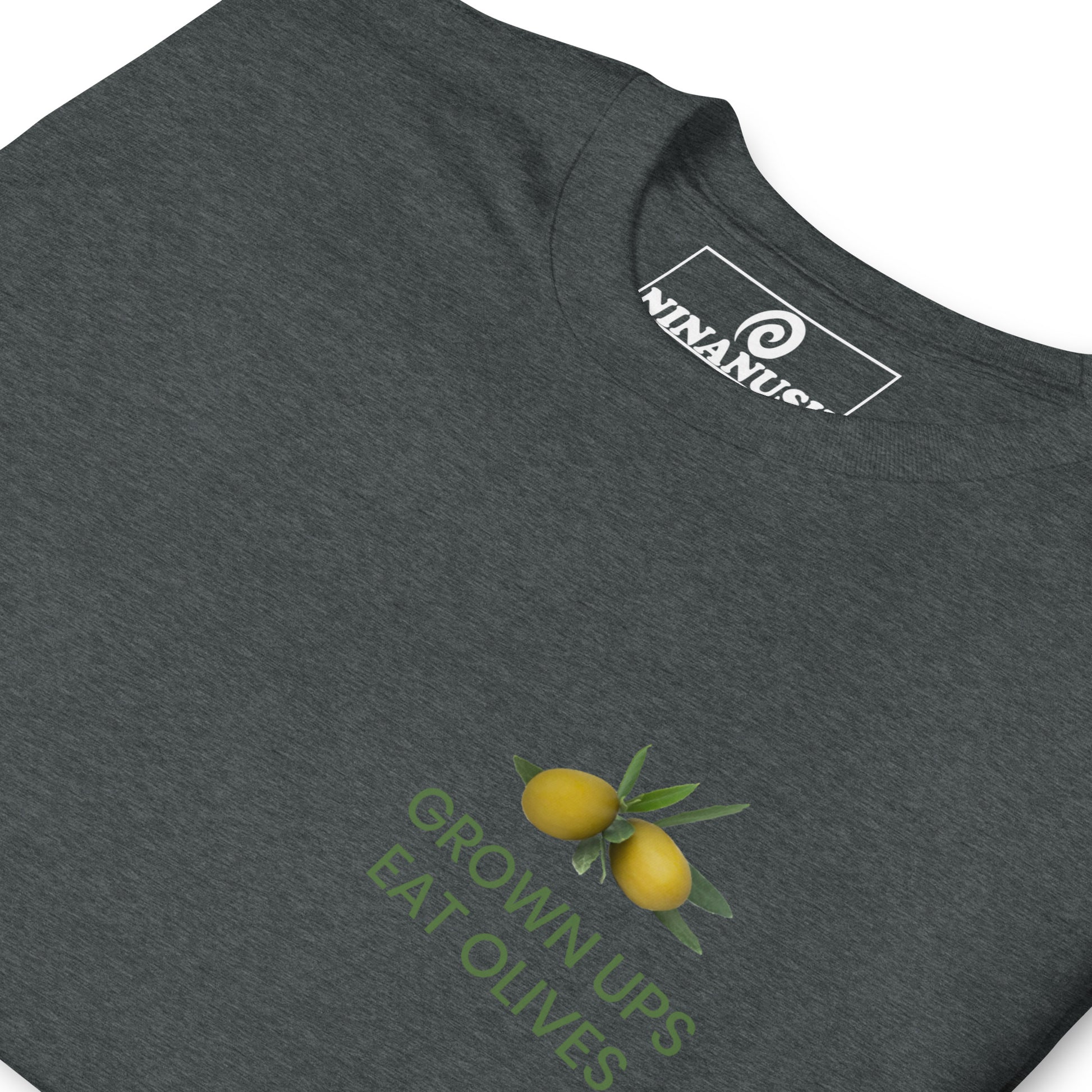 Dark Gray grown ups eat olives t-shirt from Nina's Funky Shop by ninanush - A quirky cotton tee with a green olive design and a funny saying about olives. It's the perfect funny t-shirt for olive lovers and foodies of all kinds or a sarcastic t-shirt for olive haters. Make a bold statement with this funny food t-shirt or give it as a weird and unique gift to your favorite olive enthusiast.