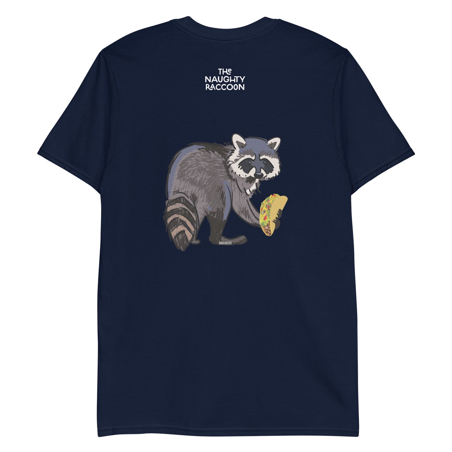 Navy naughty raccoon t-shirt from Nina's Funky Shop by ninanush - THE NAUGHTY RACCOON Calling all raccoon lovers! Stand out in this raccoon enthusiast t-shirt. It's a classic cotton t-shirt with a raccoon eating a taco and the words "The Naughty Raccoon" expertly printed on the front and back. It's a unisex raccoon graphic tee that's totally unique, designed by Nina and made just for you. 