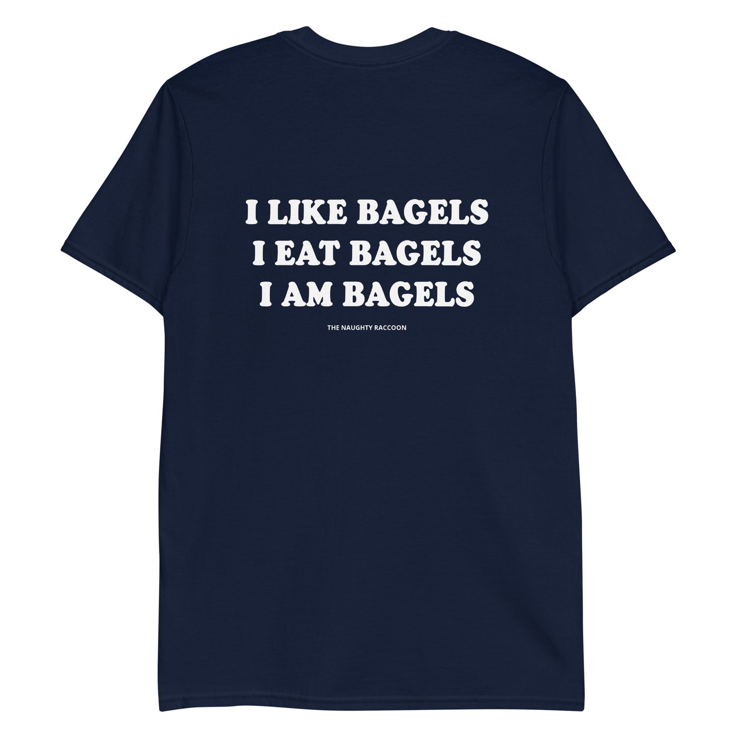 Navy Bagels T-shirt from Nina's Funky Shop - Do you love bagels? Looking for a funny gift for a bagel enthusiast? This everything bagel t-shirt is just what you need. It's a cotton tee with an everything bagel, on the front and "I like bagels I eat bagels I am bagels" on the back. Eat your favorite bagels in this unique and funny t-shirt for bagel lovers.