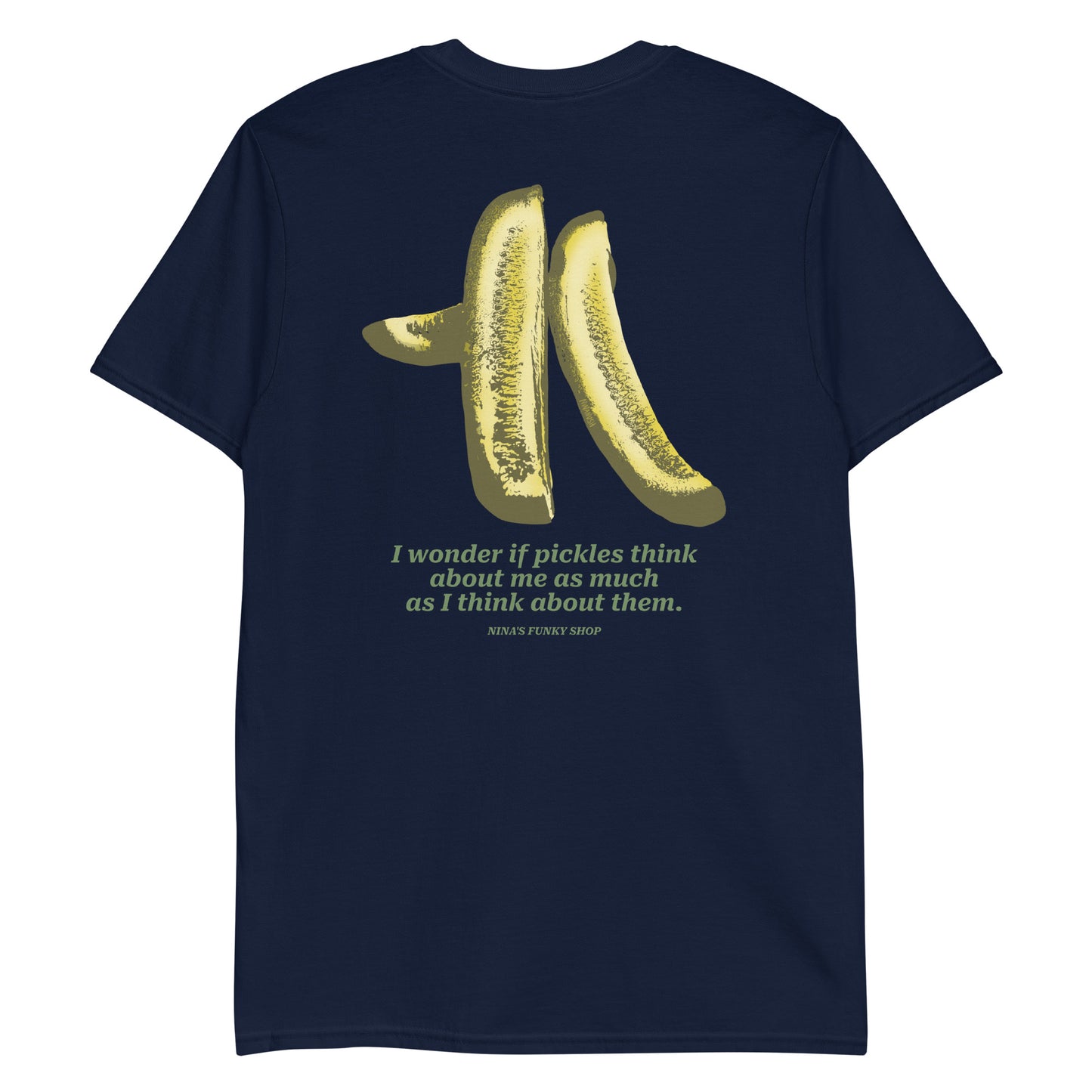 Navy Pickles Shirt - Do find yourself dreaming about pickles? Looking for a gift for a pickles lover? This funny pickle t-shirt is just what you need. It's a classic cotton shirt with a pickle design, expertly printed on the front. The perfect t-shirt for pickle enthusiasts and foodies of all kinds. Wear this pickle shirt as everyday streetwear and your sure to turn heads.