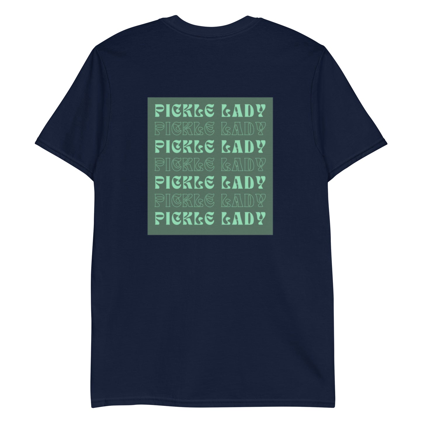 Navy T-Shirt with Pickle Lady Design - Are you a pickle lady? Looking for a gift for a pickle enthusiast? Our funky Pickle Lady T-Shirt is just what you need. It's a soft and comfortable cotton tee that comes in a variety of colors with a green pickle lady design on the back and a unique pickle spears design on the front. Make a statement and eat your favorite pickles in this funny pickle shirt.