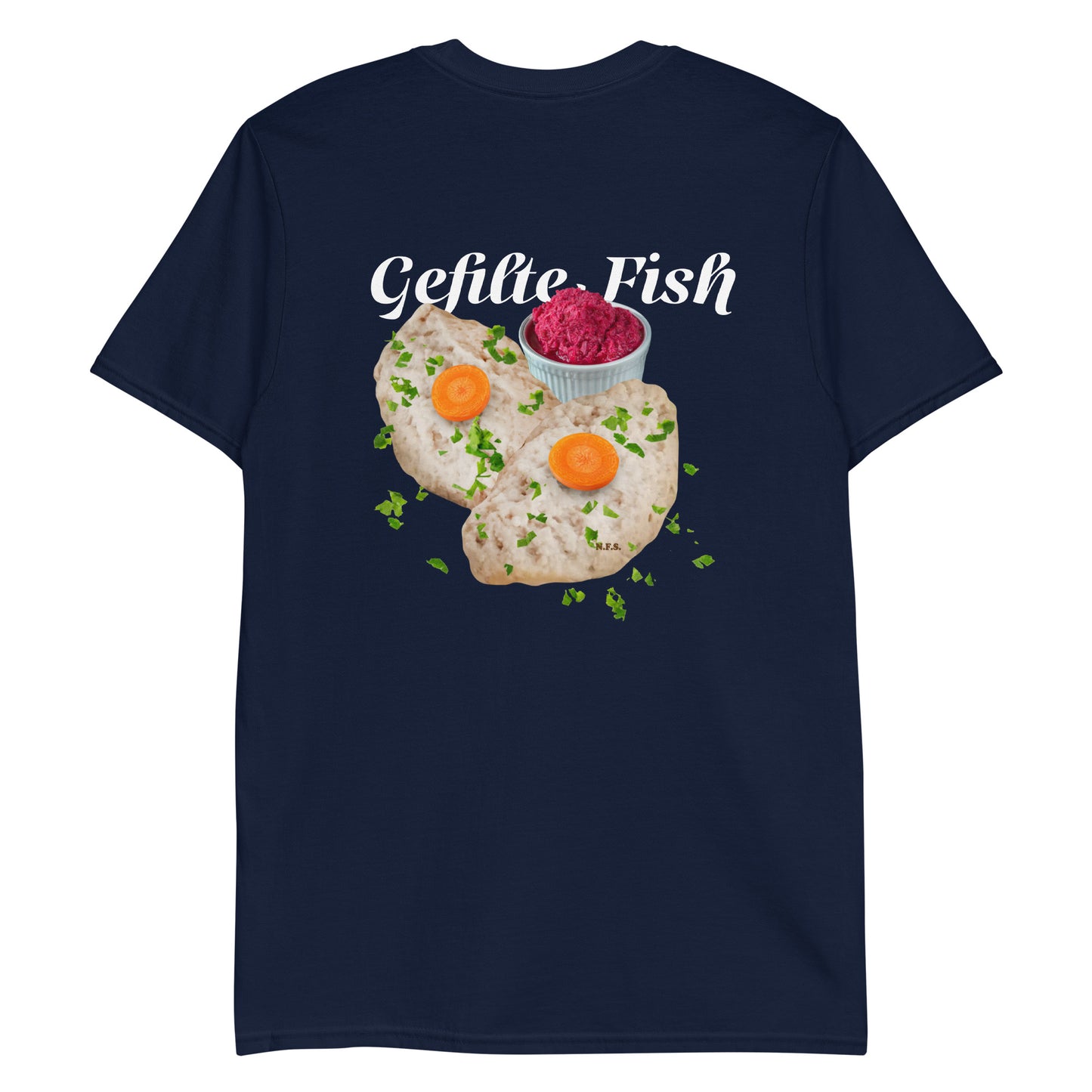 Navy Gefilte Fish Shirt - Love gefilte fish? Looking for a funny gift for an Ashkenazi? Our Gefilte Fish T-Shirt is just what you need. It's soft and comfortable with a unique Gefilte Fish Design, expertly printed on the front. 
