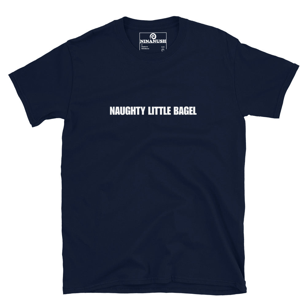 Navy blue funny foodie t-shirt for bagel lovers - Unique and funky naughty little bagel t-shirt. Make a statement and eat bagels in style in this funny foodie t-shirt for bagel lovers. It's soft, comfortable and made just for you or the naughty little bagel in your life. Give it as a funny gift for bagel enthusiasts or wear it as weird everyday foodie streetwear.