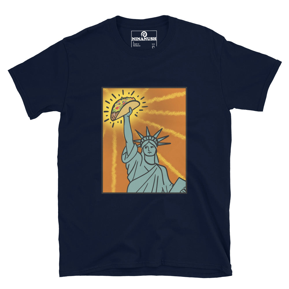 Navy blue new york city taco t-shirt - A funny taco t-shirt with the Statue of Liberty holding a taco. This weird NYC shirt for taco lovers and foodies, showcases your love for tacos and the Big Apple. With its colorful, funky, hand-drawn design, this unique streetwear tee stands out. Make a statement, look good, and eat tacos with this eye-catching foodie shirt.