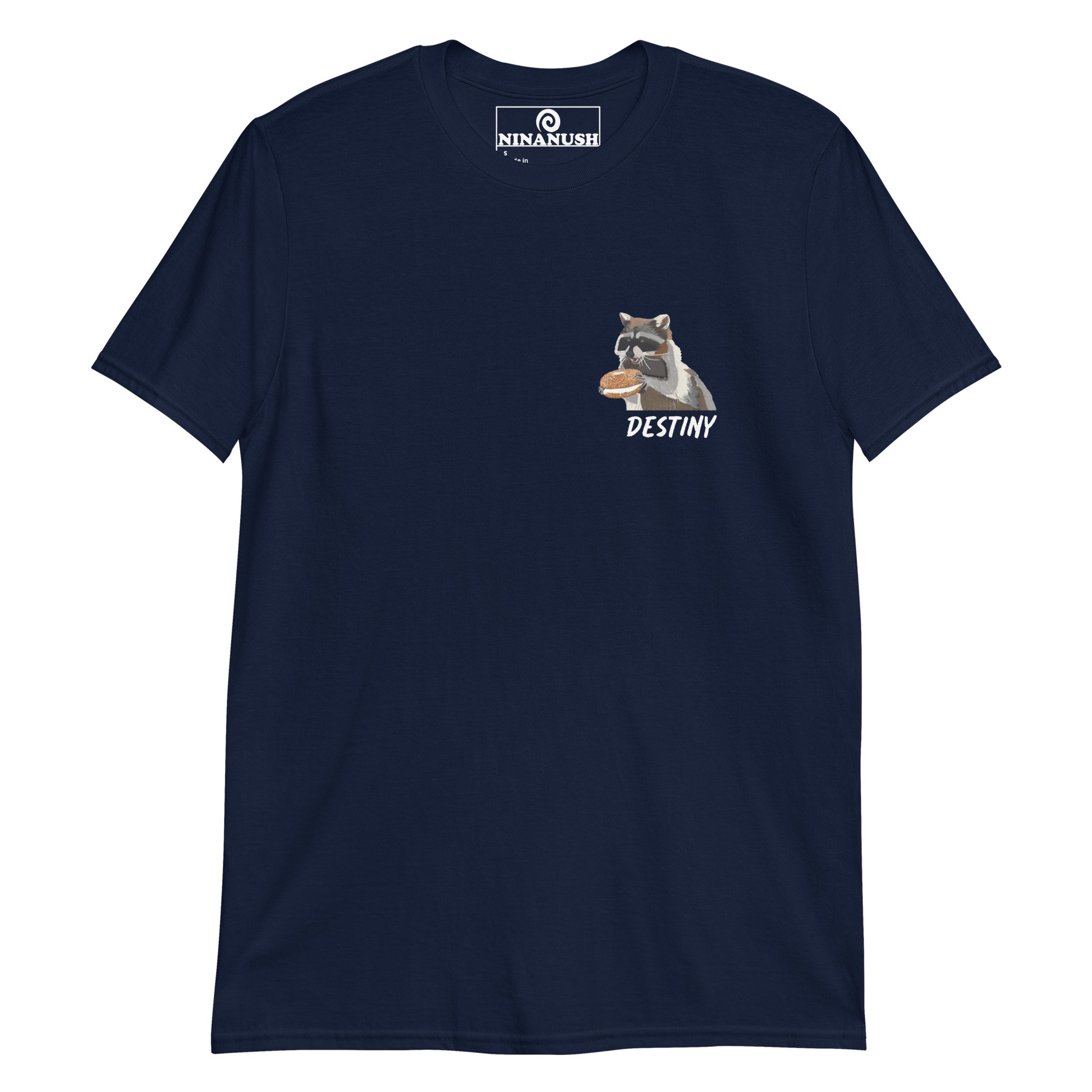 Navy blue unique raccoon bagel t-shirt - A raccoon eating a bagel t-shirt that's comfortable with a totally original design. It's a unique graphic tee for raccoon enthusiasts and bagel lover's alike. Destiny calls...eat your next bagel in style in a funky t-shirt made just for you. Or give it as a funny and unique gift for bagel addicts and raccoon lovers. 