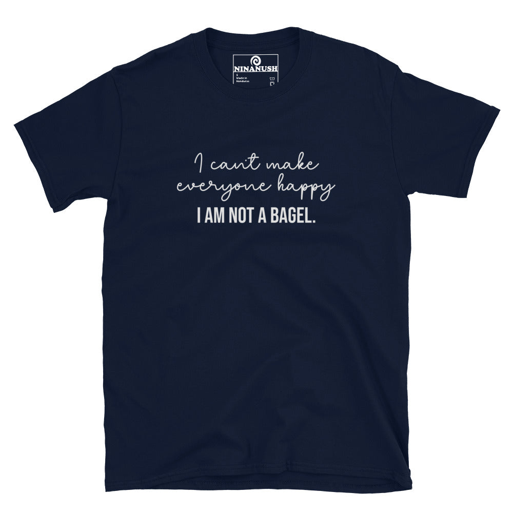 Weird foodie quote for bagel lovers - "I can't make everyone happy, I am not a bagel." This bagel lover t-shirt is a comfortable classic tee with a funny bagel quote on the front. Make a statement and eat bagels in style this weird foodie shirt for bagel enthusiasts. Great for everyday streetwear or a gift for your favorite bagel connoisseur. 