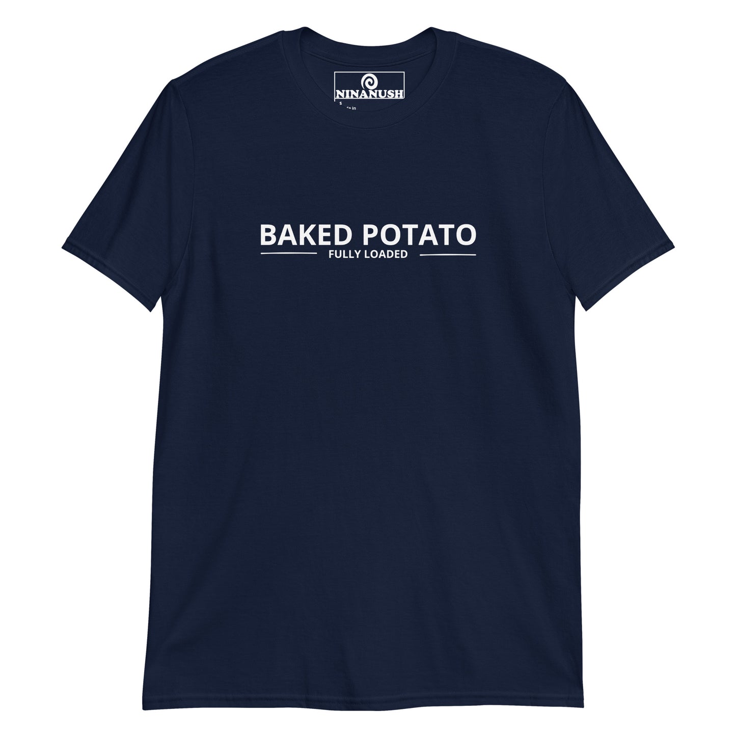 Navy blue baked potato shirt - A Baked Potato Fully Loaded T-Shirt, designed for potato lovers of all kinds! This unique potato shirt is a must-have for those who love a good baked potato. Whether you're a foodie or a potato enthusiast, it's a funny food shirt that's perfect for everyday streetwear or gifts for fully loaded baked potato lovers. 