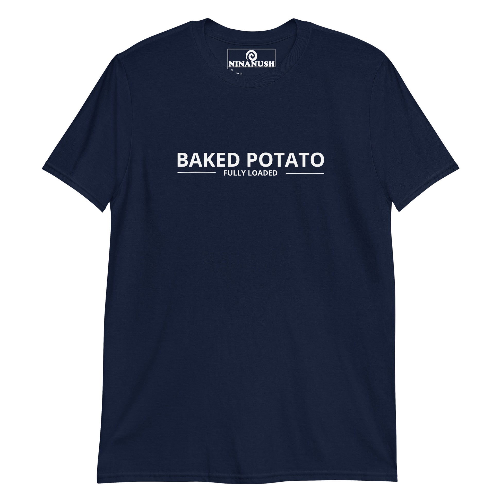 Navy blue baked potato shirt - A Baked Potato Fully Loaded T-Shirt, designed for potato lovers of all kinds! This unique potato shirt is a must-have for those who love a good baked potato. Whether you're a foodie or a potato enthusiast, it's a funny food shirt that's perfect for everyday streetwear or gifts for fully loaded baked potato lovers. 