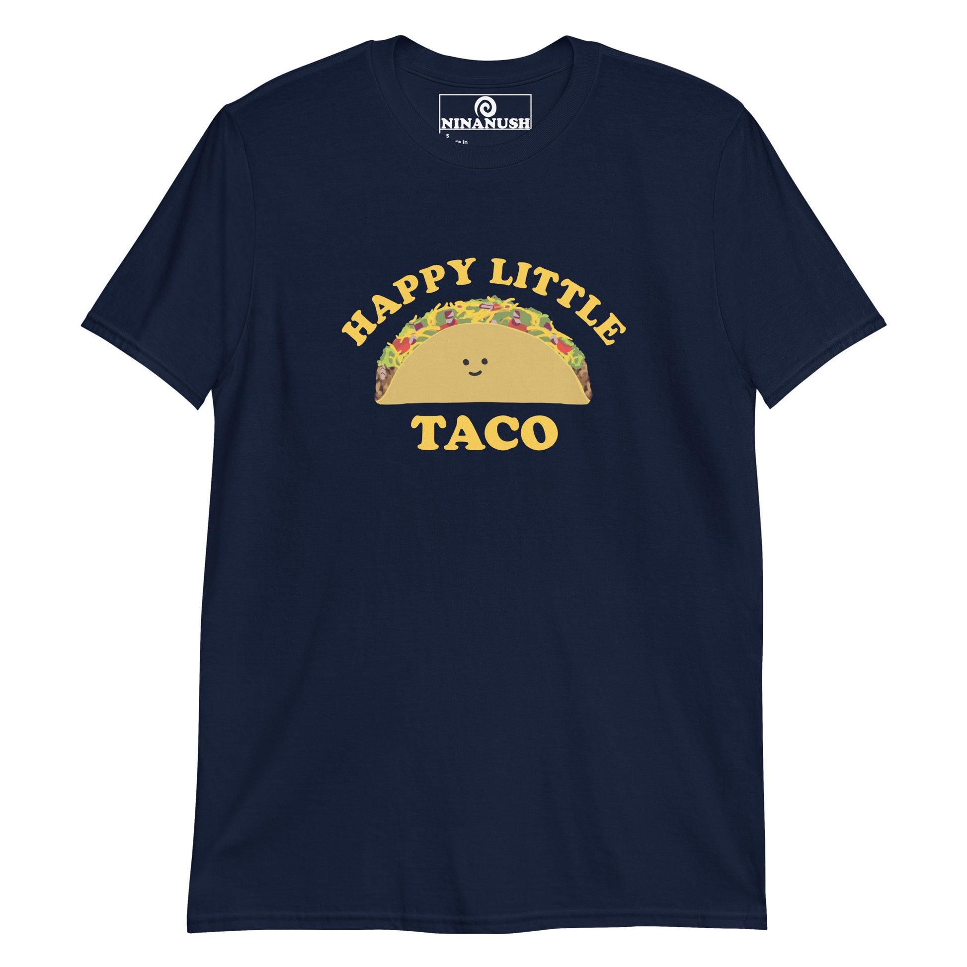 Navy blue cute taco lover t-shirt for her - A happy little taco t-shirt for taco enthusiasts. This unique taco design is colorful and printed on a classic tee. Embrace your inner taco and let your passion for food shine with this eye-catching cute taco graphic tee. Wear this funny taco tee as everyday streetwear or give it as a gift to your favorite taco lover. 