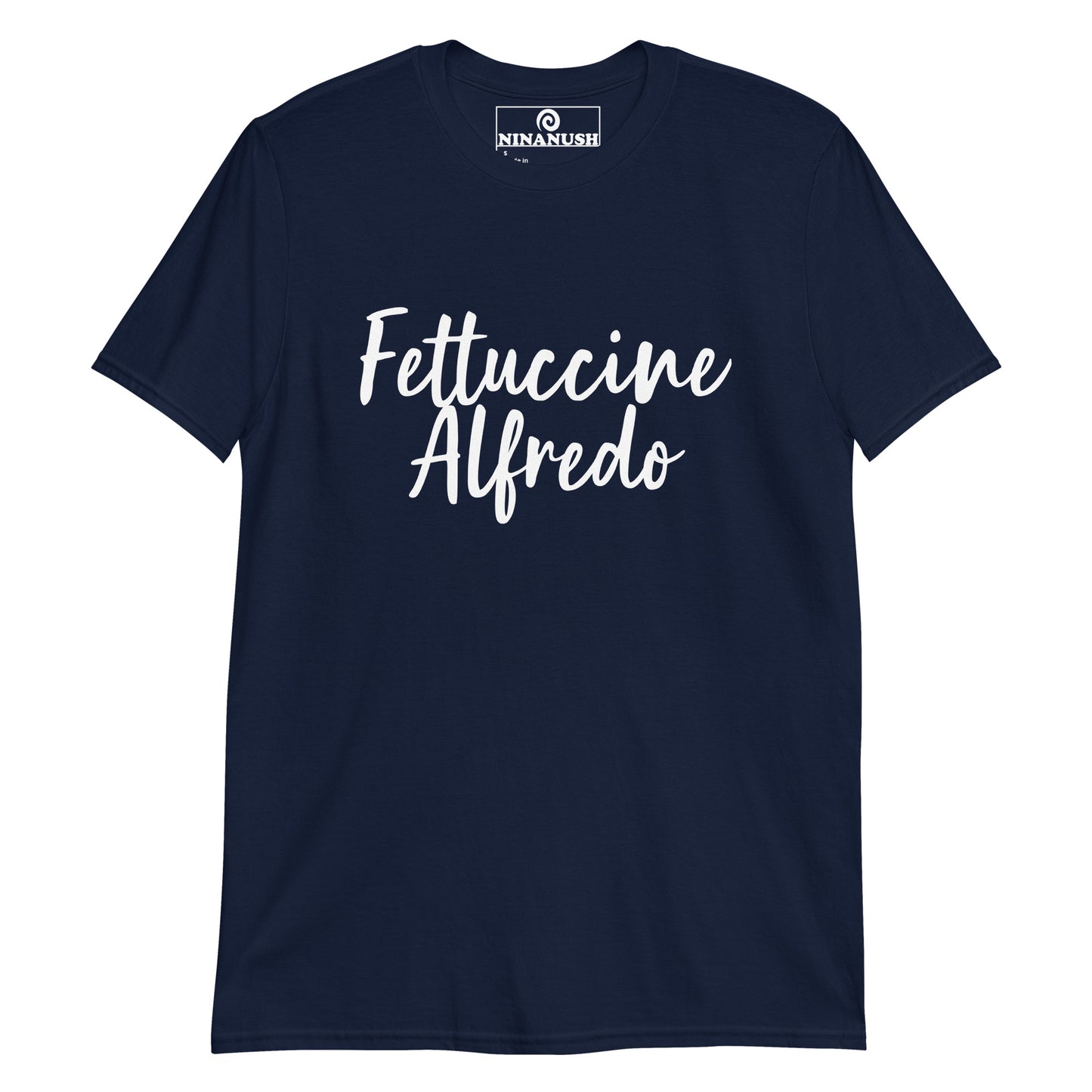 Navy Fettuccine Alfredo Shirt - A fettuccine Alfredo t-shirt that's soft, comfortable and made for pasta lovers like you. It's a classic cotton tee, designed for fettuccine Alfredo lovers and foodies of all kinds. Eat fettuccine Alfredo in style and wear this funny food shirt as everyday streetwear or give it as a unique gift for a pasta enthusiast.