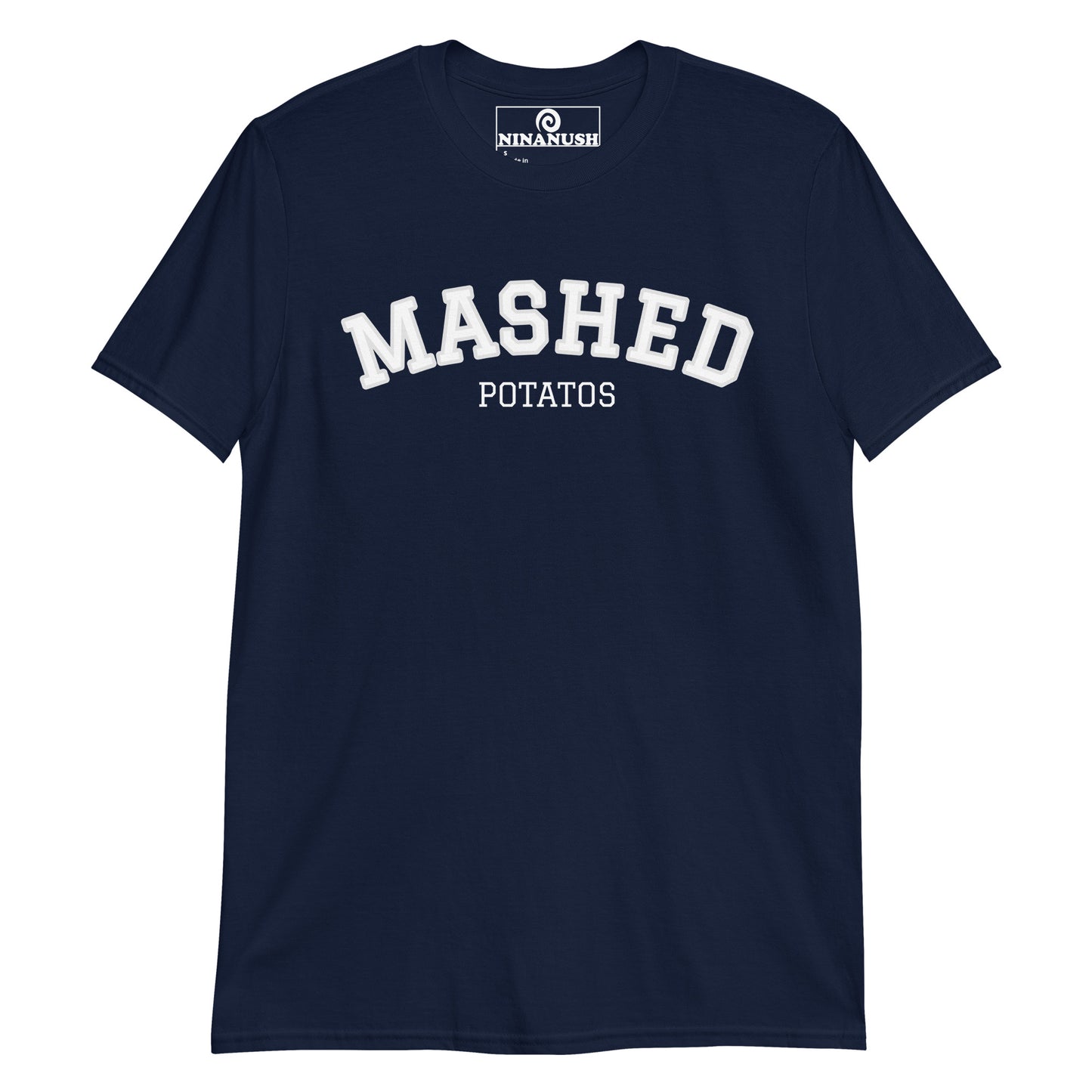 Navy mashed potato t-shirt - A mashed potatoes t-shirt for potato enthusiasts and foodies of all kinds. It's a classic cotton tee with a unique college-style t-shirt design. This funny foodie shirt stands out and makes a statement. Eat mashed potatoes in this quirky streetwear potato tshirt or give it as a funny gift for mashed potato lovers. 