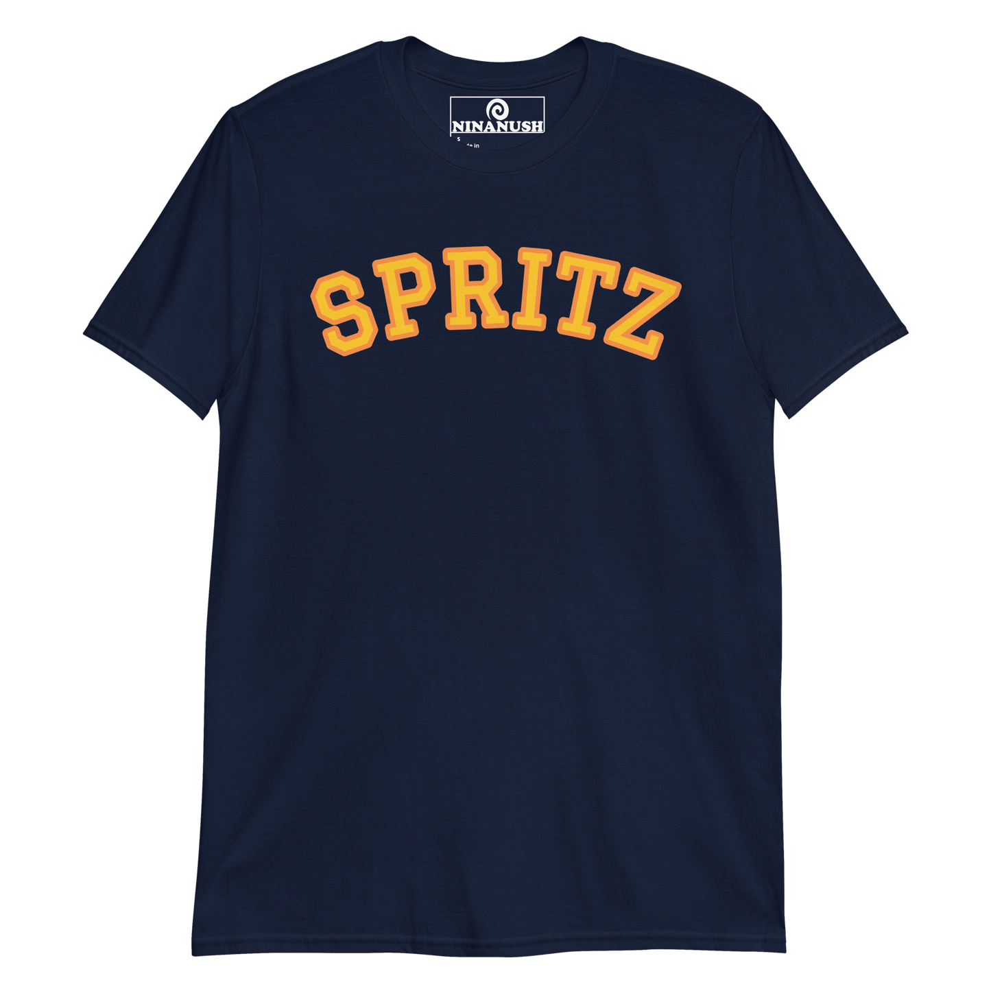 Navy and orange t-shirt for spirtz lovers - A colorful Spritz T-Shirt. Made from soft and comfortable cotton, this unique drink shirt is funny, eye catching and made just for you. A perfect T-shirt for spritz enthusiasts, this cocktail shirt is sure to stand out and make a statement. Wear it as everyday streetwear or give it as a gift for a spritz cocktail lover.