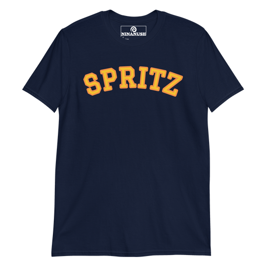 Navy and orange t-shirt for spirtz lovers - A colorful Spritz T-Shirt. Made from soft and comfortable cotton, this unique drink shirt is funny, eye catching and made just for you. A perfect T-shirt for spritz enthusiasts, this cocktail shirt is sure to stand out and make a statement. Wear it as everyday streetwear or give it as a gift for a spritz cocktail lover.