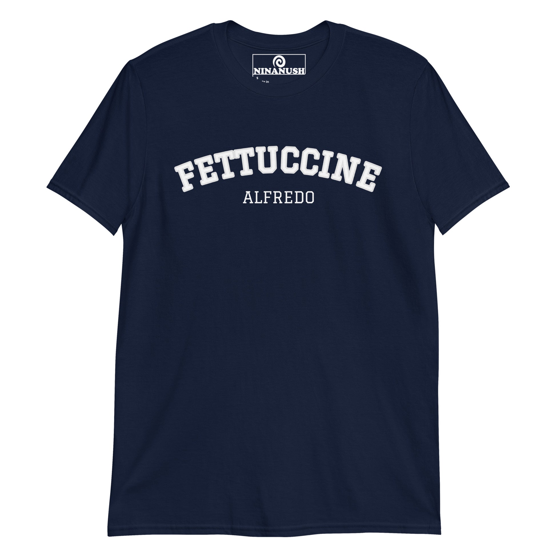 Navy shirt for fettuccine alfredo lover - A Fettuccine Alfredo college-style T-Shirt. Made from soft and comfortable cotton, this unique pasta shirt is funny, eye catching and made just for you. A perfect T-shirt for fettuccine Alfredo enthusiasts, this funny foodie shirt is sure to stand out and make a statement. Wear it as everyday foodie streetwear or give it as a gift for a pasta lover.  