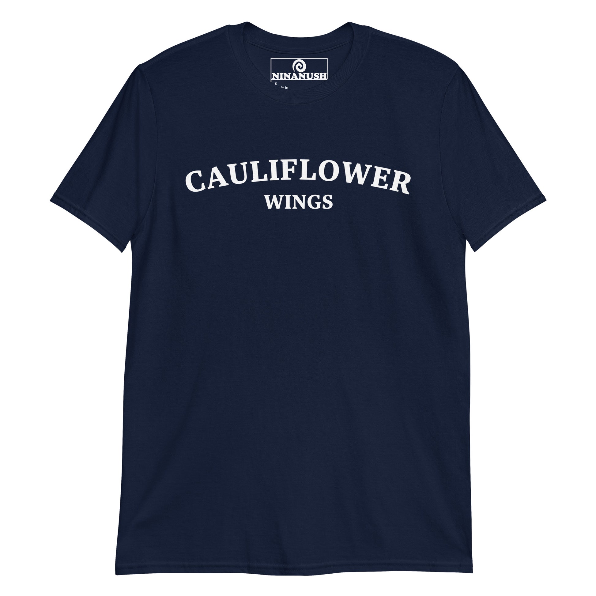 Navy cauliflower wings shirt - Cauliflower wings! This Unisex cauliflower wings t-shirt is soft, comfortable, designed for cauliflower wing lovers and made just for you. It's a funny college-style food shirt that is sure to stand out and make a statement. From buffalo wings to barbecue wings, cauliflower is the way to go! Eat cauliflower wings in this everyday unique foodie t-shirt or give it as a funny gift for a fellow food lover. 