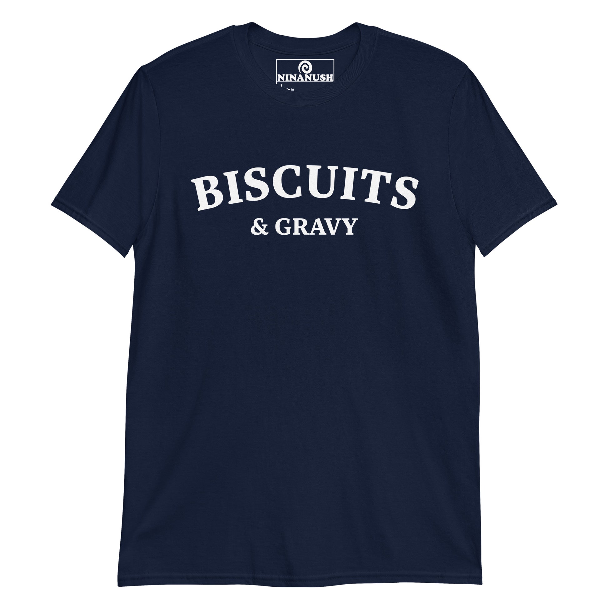 Navy biscuits and gravy shirt - Eat biscuits and gravy in this funny foodie t-shirt. It's a soft and comfortable cotton tee with a college-style foodie design. This biscuits and gravy shirt is funny, stands out and is sure to add a little personality to your wardrobe. If you love biscuits and gravy, this unique food shirt was made just for you.