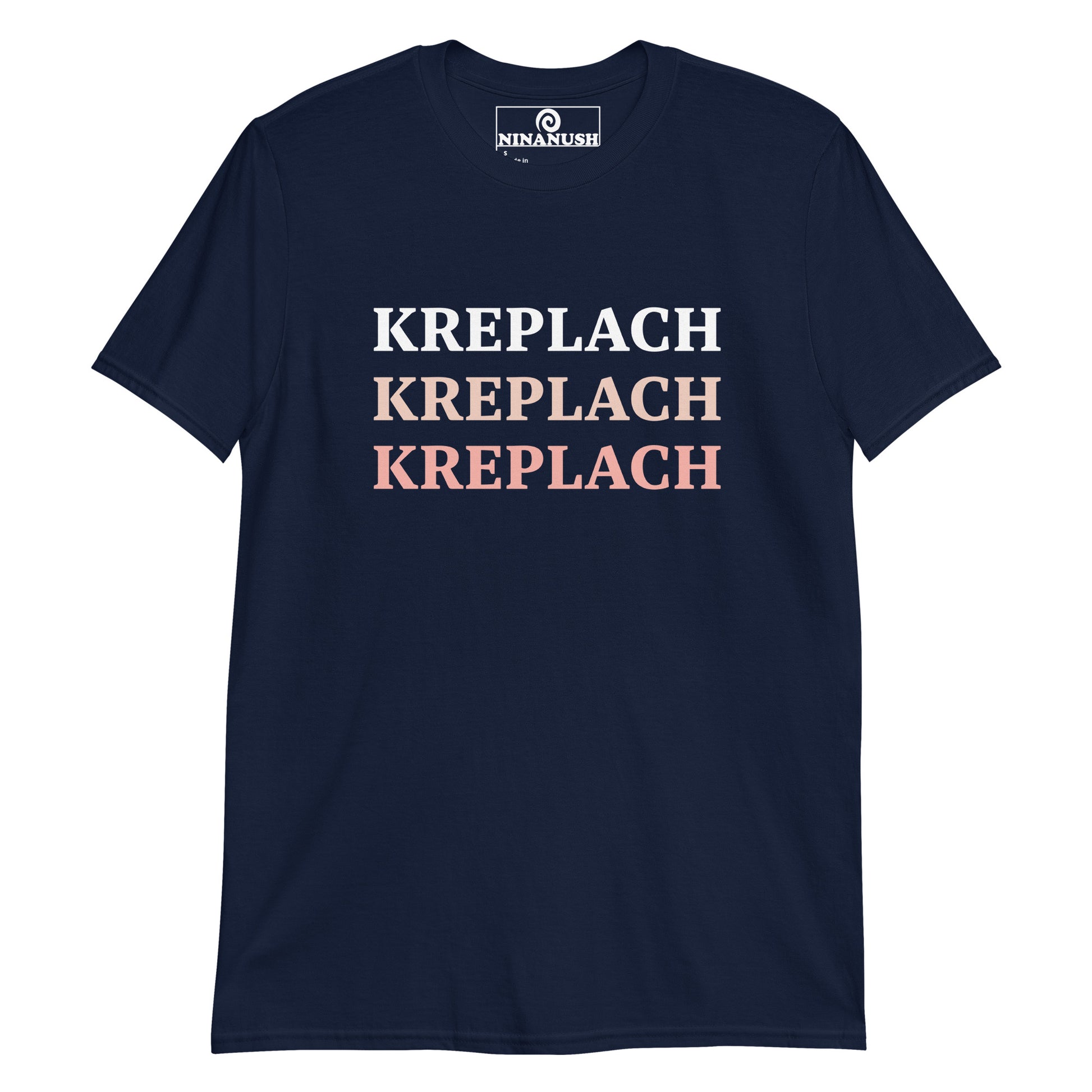 Navy kreplach shirt - This kreplach t-shirt is unique, funny and made just for you. It's a classic cotton tee with the word "kreplach" in different soft colors on the front. Eat kreplach in style, represent your favorite Jewish foods on the street, or give it to your favorite kreplach enthusiast. This funny Jewish food shirt is soft, comfortable and designed for keplach lovers and foodies of all kinds. 