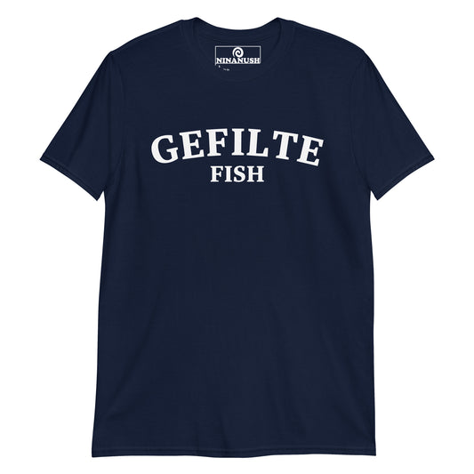 Navy gefilte fish shirt - If you love classic Ashkenazi food like gefilte fish, make a statement in this gefilte fish t-shirt. It's a funny Jewish food shirt that is soft, comfortable and sure to turn heads. Show your love for traditional Eastern European Jewish food in this weird foodie t-shirt. A quirky everyday tee or funny gift for an Ashkenazi.