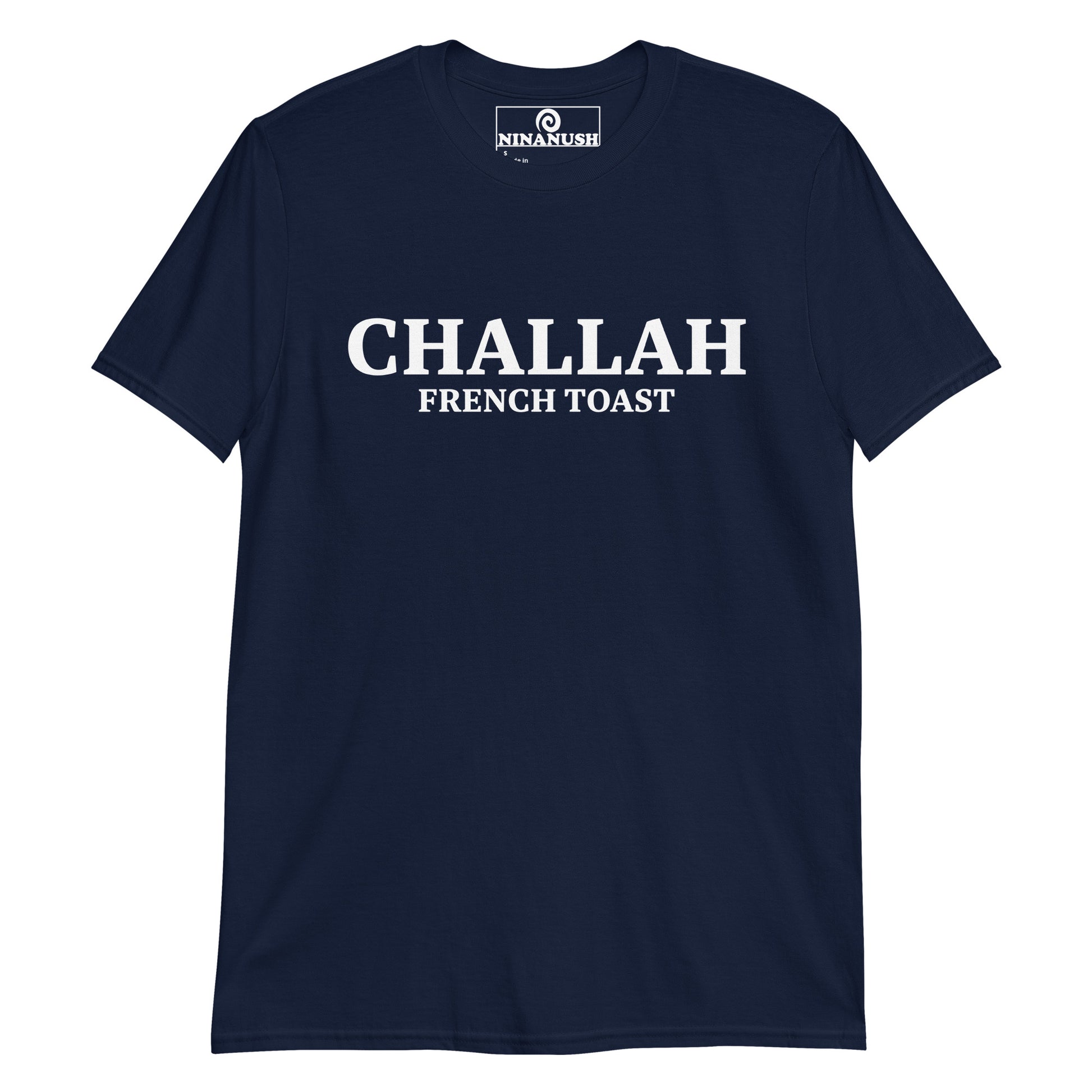 Navy Challah French Toast Shirt - This Challah French toast t-shirt is a must-have for challah lovers and French toast enthusiasts. It's a unique Jewish food t-shirt that's made just for you. A funny challah shirt for challah French toast addicts and foodies of all kinds. Eat your favorite French toast and represent this legendary challah breakfast.