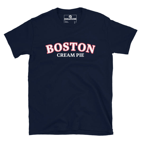 Navy and red boston cream pie t-shirt for New Englanders - A classic cotton T-Shirt celebrating Boston Cream Pie. It's soft, comfortable and made just for you and your favorite Boston cream pie enthusiast. This weird food shirt is perfect for Boston cream pie lovers and a unique gift for New England Foodies of all kinds. Eat your favorite foods in our funny foodie apparel.